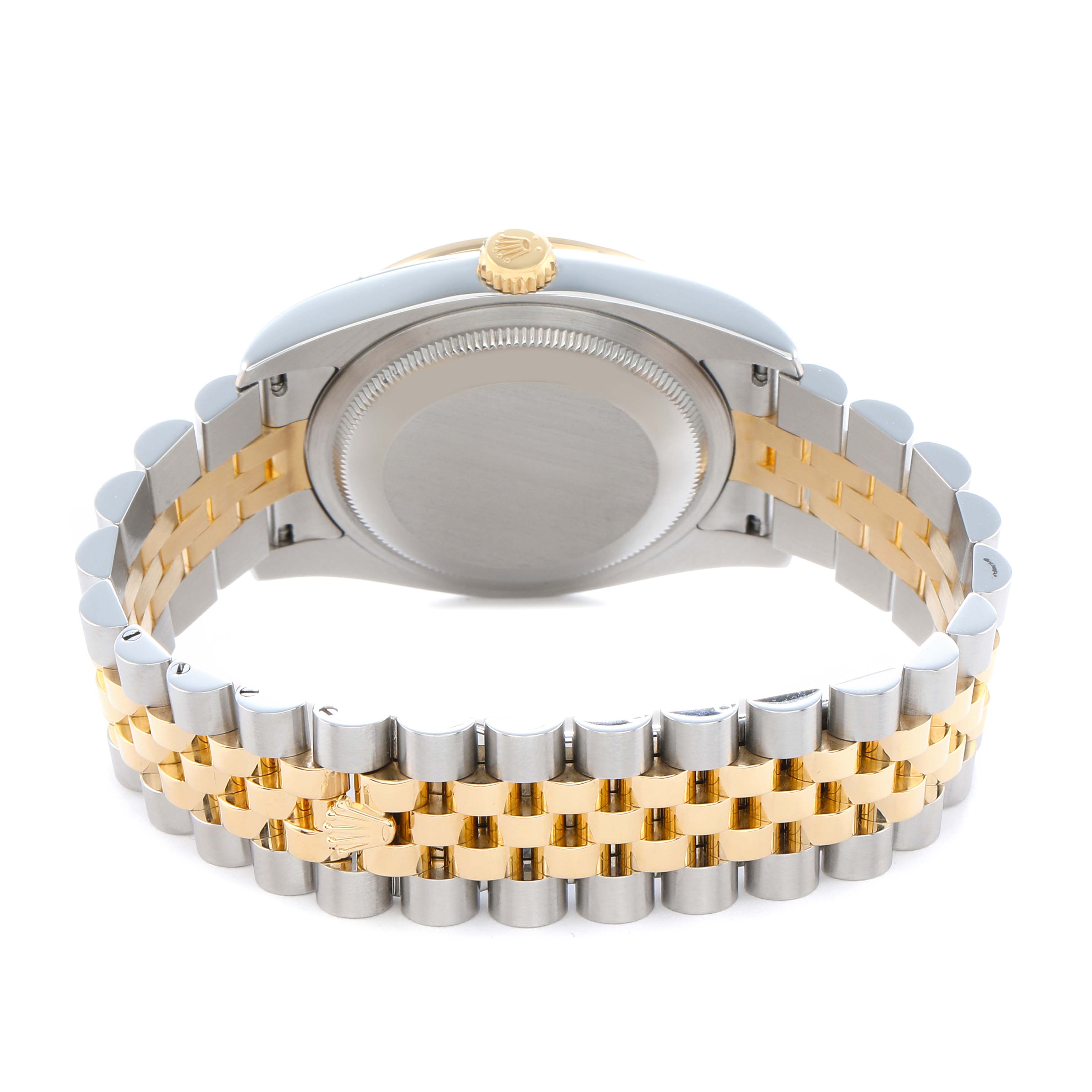 The image shows the back of a Rolex Datejust 116243 Men
s Steel and Gold (two tone) Silver Dial, highlighting the bracelet, case back, and crown in a two-tone design.