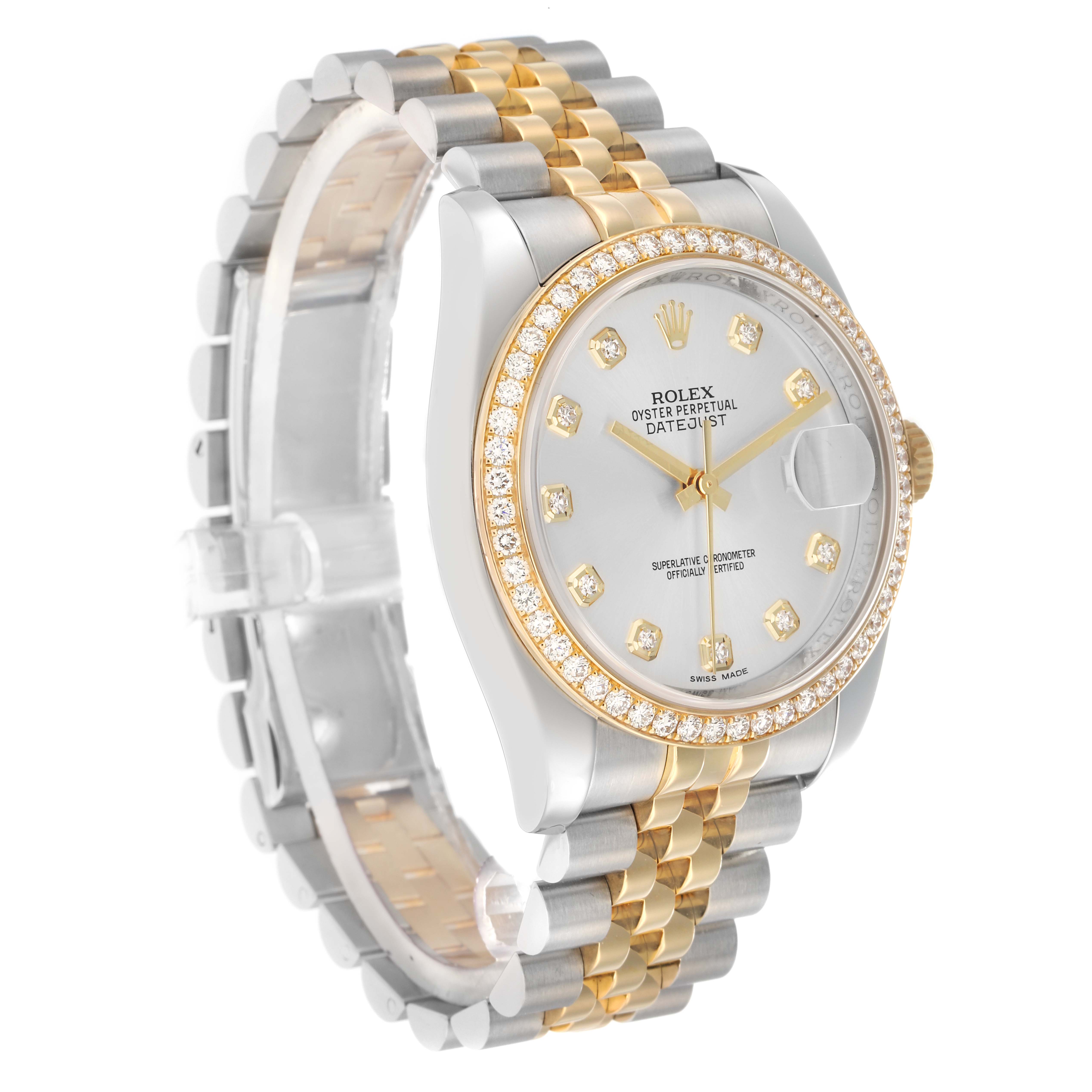 The Rolex Datejust 116243 Men
s Steel and Gold (two tone) Silver Dial watch is shown at a slight angle, highlighting the face, bezel, case, and two-tone bracelet.