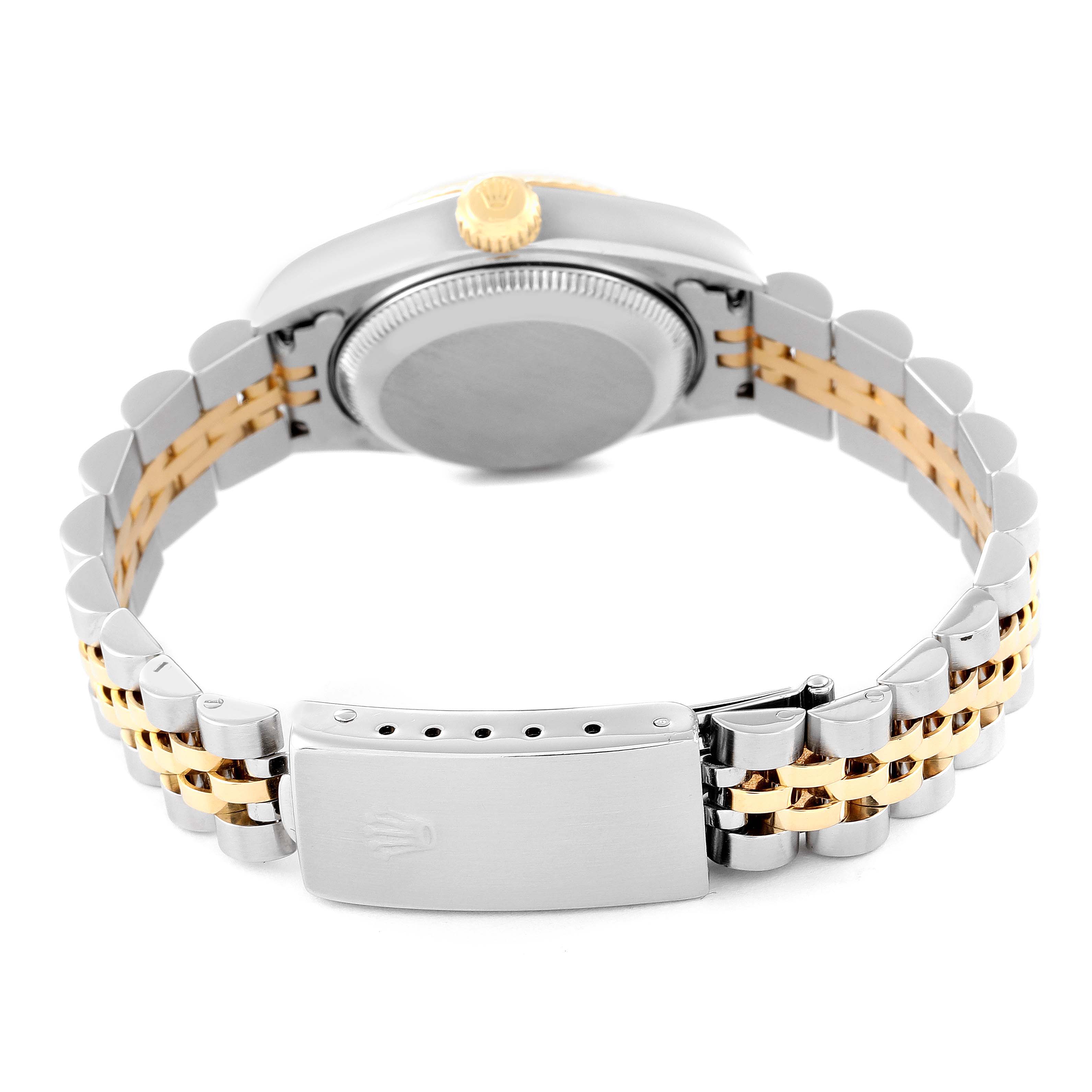 The image shows the back view of a Rolex Datejust 79173 Women's Steel and Gold (two tone) White Dial 79173 Women's Steel and Gold (two tone) White Dial watch, highlighting the bracelet, clasp, and case back.