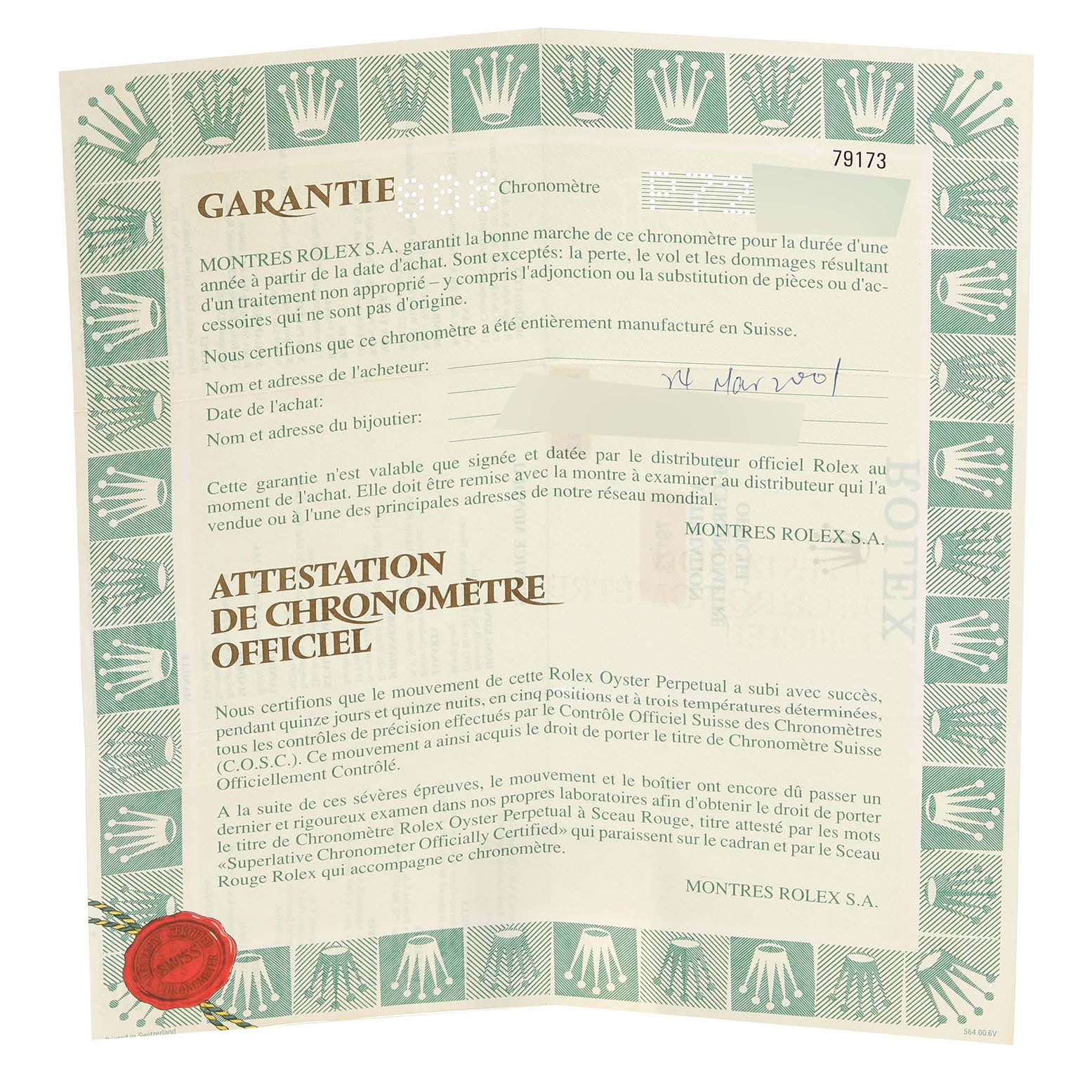 The image shows a warranty certificate for the Rolex Datejust 79173 Women's Steel and Gold (two tone) White Dial 79173 Women's Steel and Gold (two tone) White Dial model, highlighting the brand's authenticity and guarantee details.