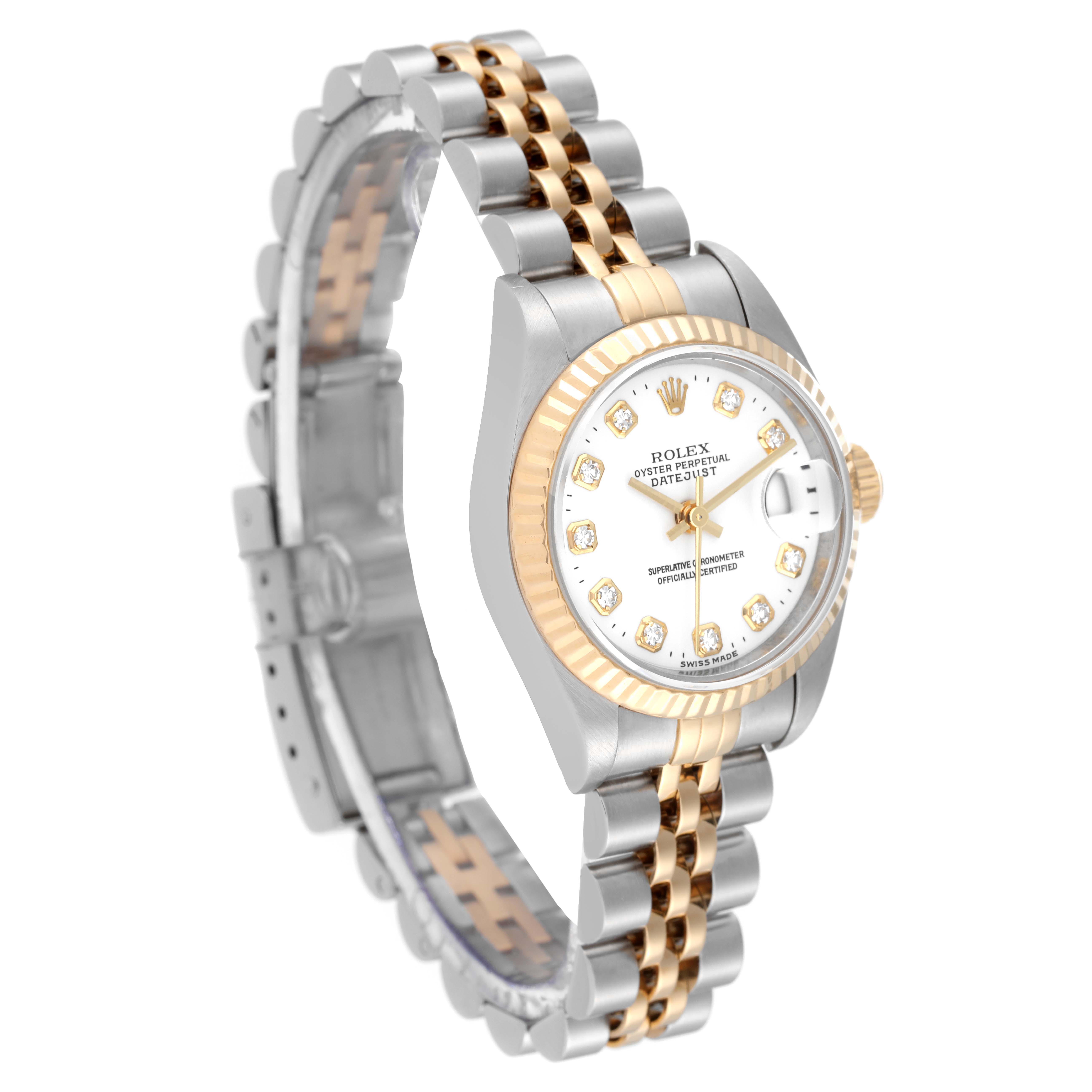 The Rolex Datejust 79173 Women's Steel and Gold (two tone) White Dial 79173 Women's Steel and Gold (two tone) White Dial watch is shown at an angle highlighting the face, bezel, crown, and jubilee bracelet.