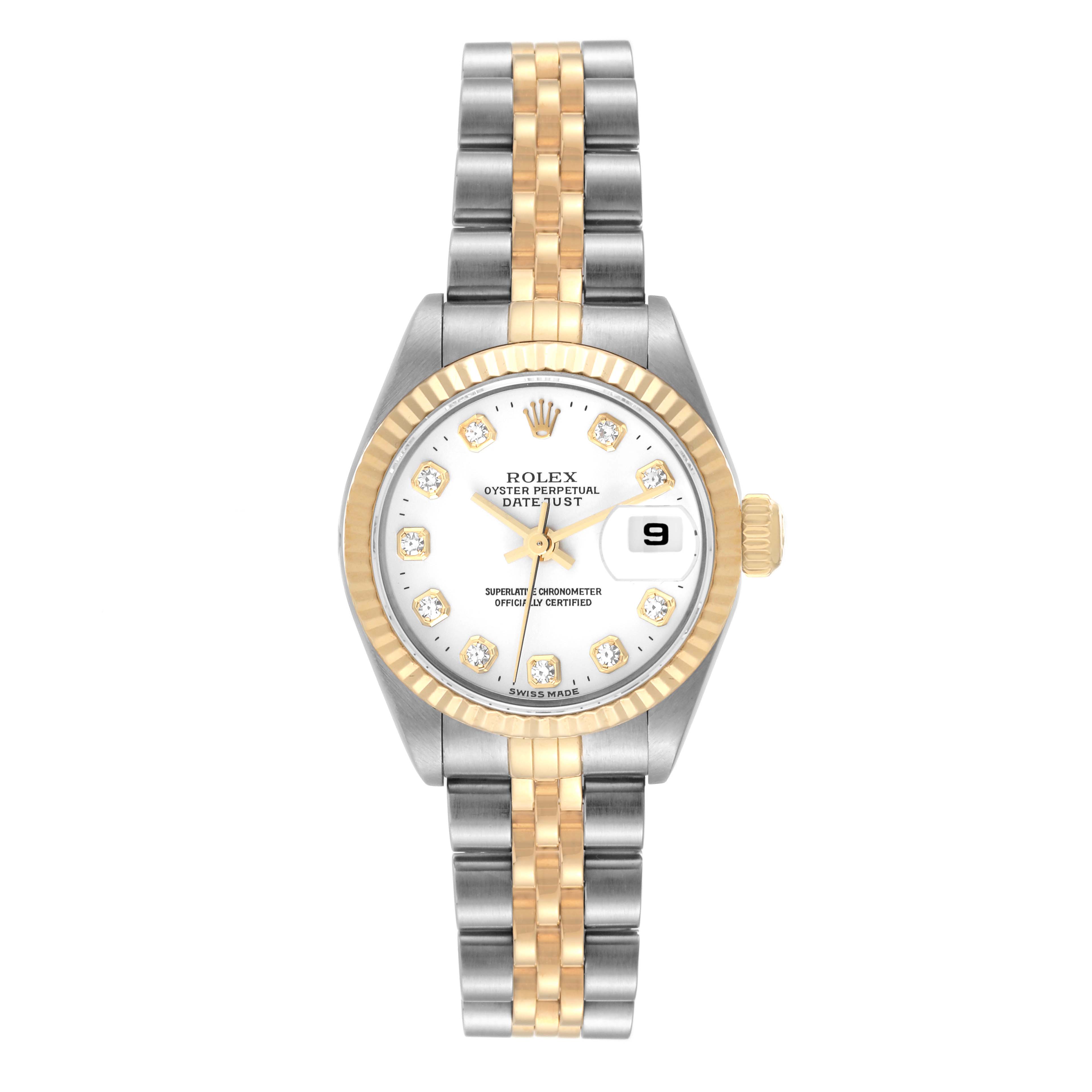 The Rolex Datejust 79173 Women's Steel and Gold (two tone) White Dial 79173 Women's Steel and Gold (two tone) White Dial watch is shown from a front angle, displaying its dial, two-tone bracelet, and fluted bezel.