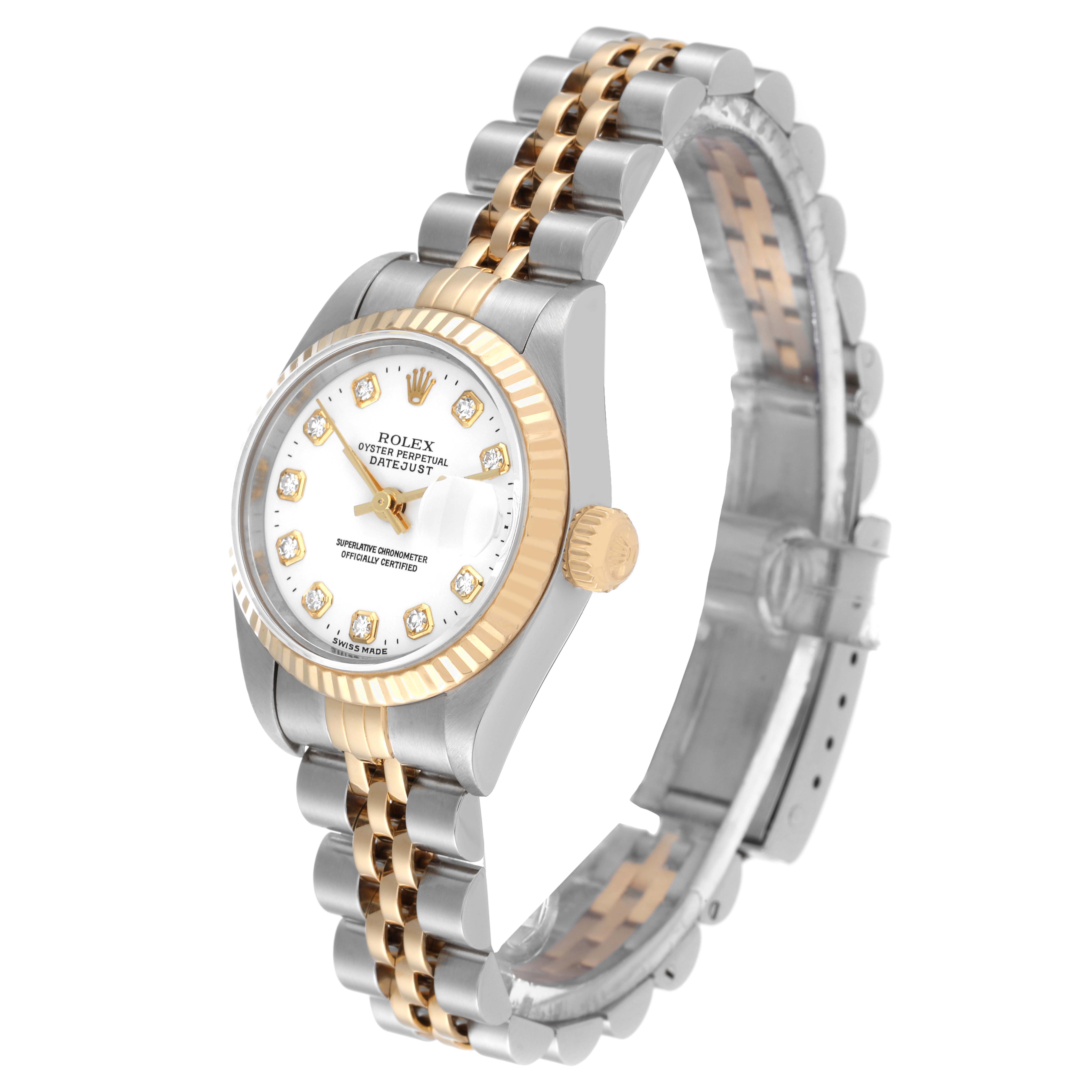 The Rolex Datejust 79173 Women's Steel and Gold (two tone) White Dial 79173 Women's Steel and Gold (two tone) White Dial watch is shown at an angle, highlighting its face, bezel, crown, and two-tone bracelet.