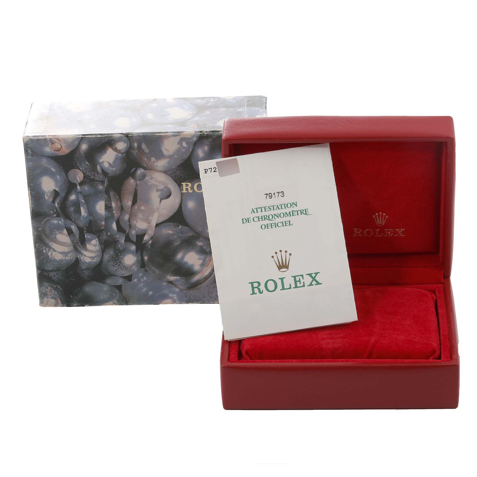 The image shows the box and warranty paper for the Rolex Datejust 79173 Women's Steel and Gold (two tone) White Dial 79173 Women's Steel and Gold (two tone) White Dial model watch.
