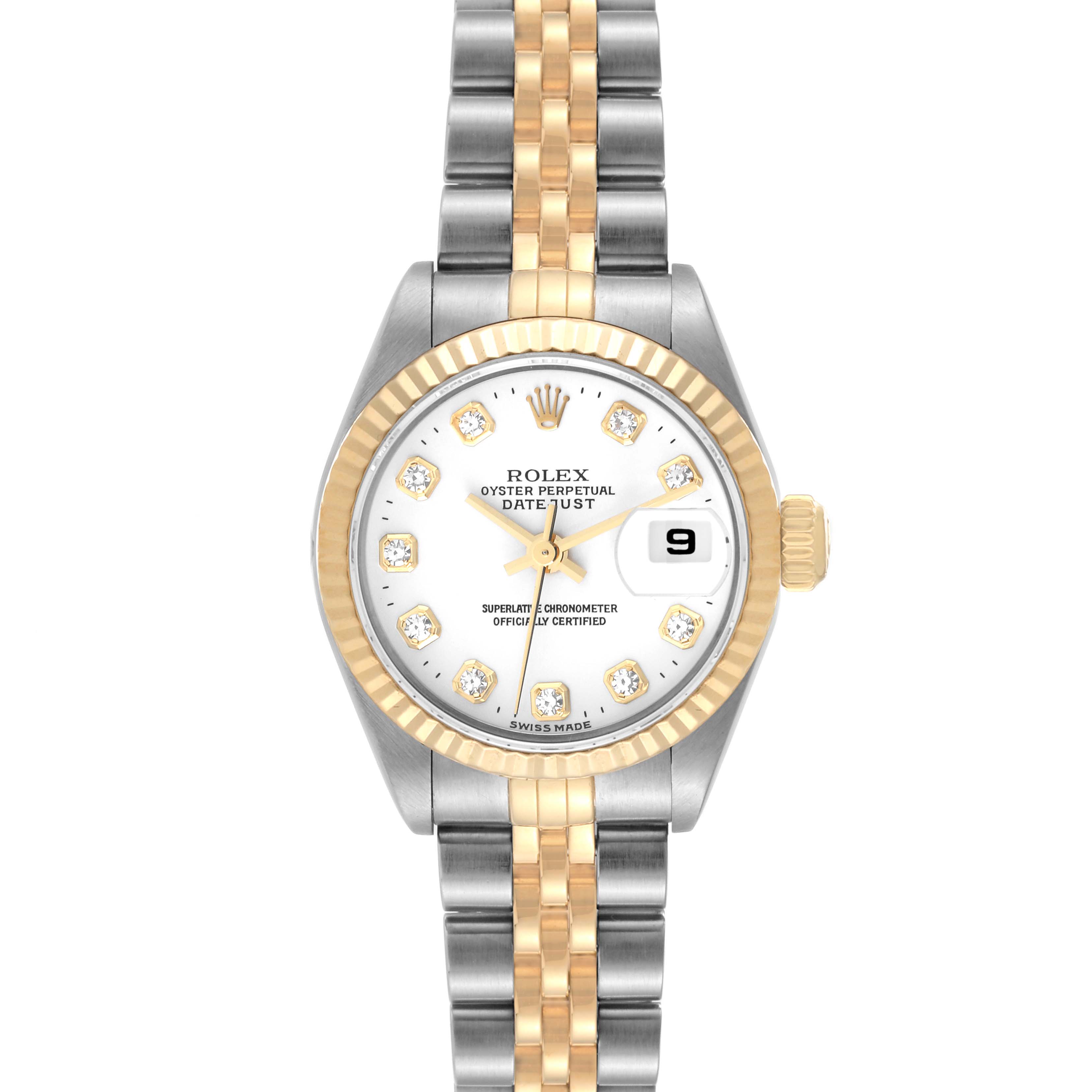 This image shows a frontal view of a Rolex Datejust 79173 Women's Steel and Gold (two tone) White Dial 79173 Women's Steel and Gold (two tone) White Dial watch, showcasing its dial, bezel, and bracelet.