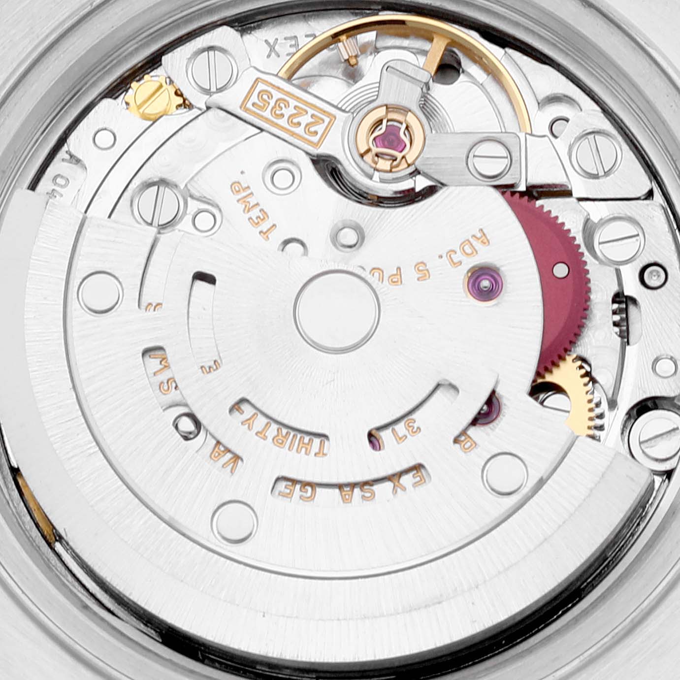 This image shows a close-up of the movement mechanism of a Rolex Datejust 79173 Women's Steel and Gold (two tone) White Dial 79173 Women's Steel and Gold (two tone) White Dial watch.