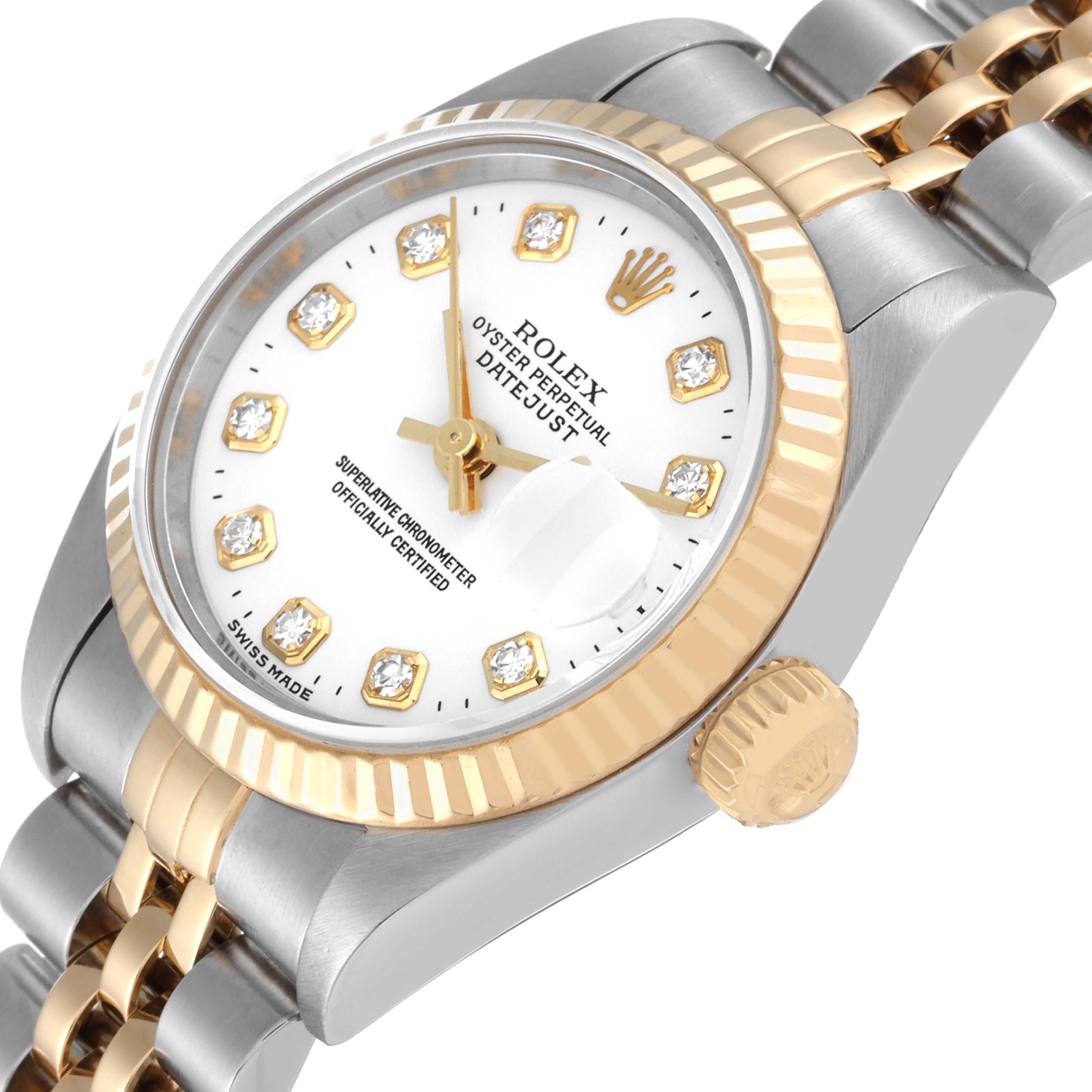 The image shows a close-up angle of a Rolex Datejust 79173 Women's Steel and Gold (two tone) White Dial 79173 Women's Steel and Gold (two tone) White Dial watch highlighting its dial, bezel, crown, and part of the bracelet.