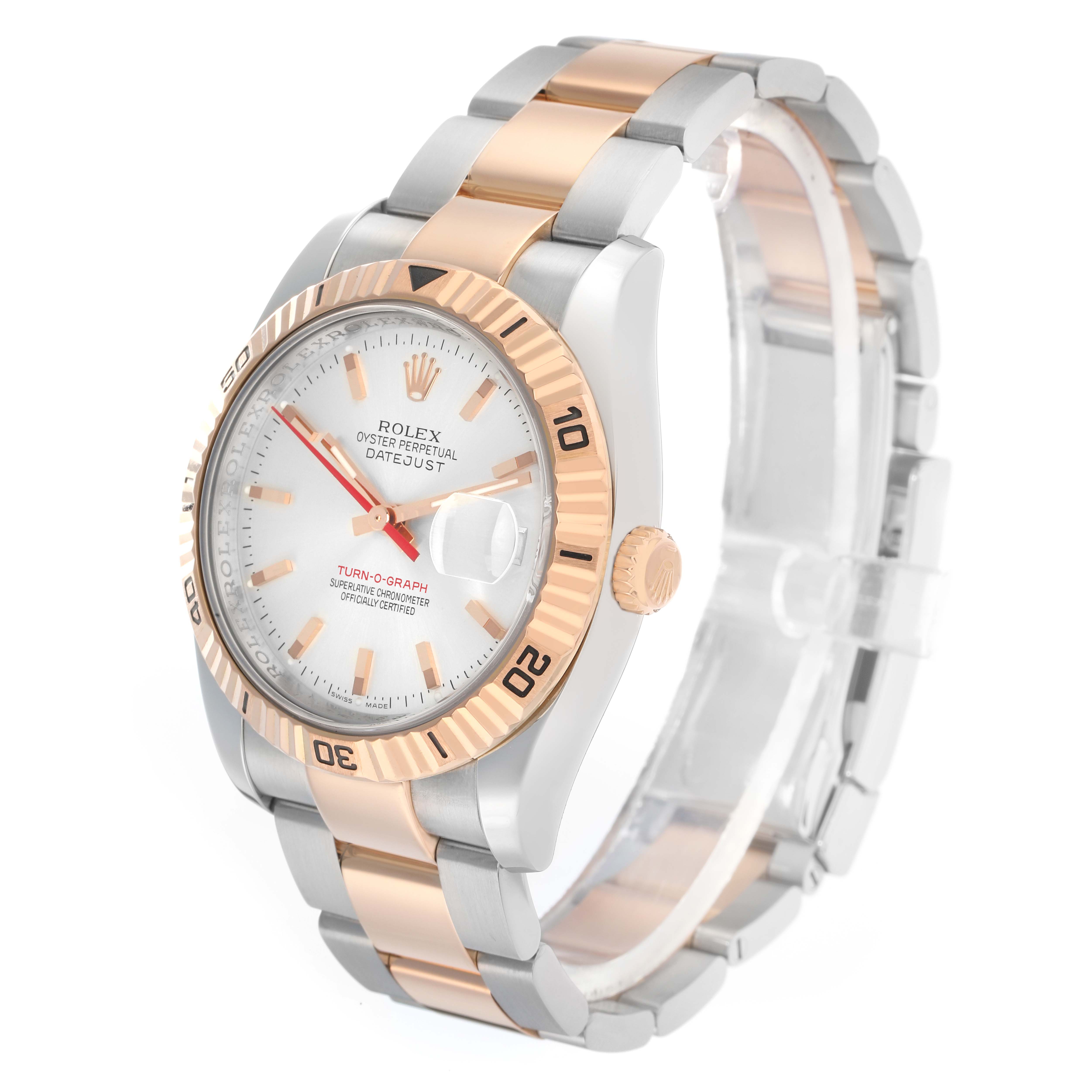 The Rolex Turn-o-Graph 116261 Men
s Steel and Gold (two tone) Silver Dial watch is shown at a slight angle, highlighting the face, bezel, and two-tone bracelet.