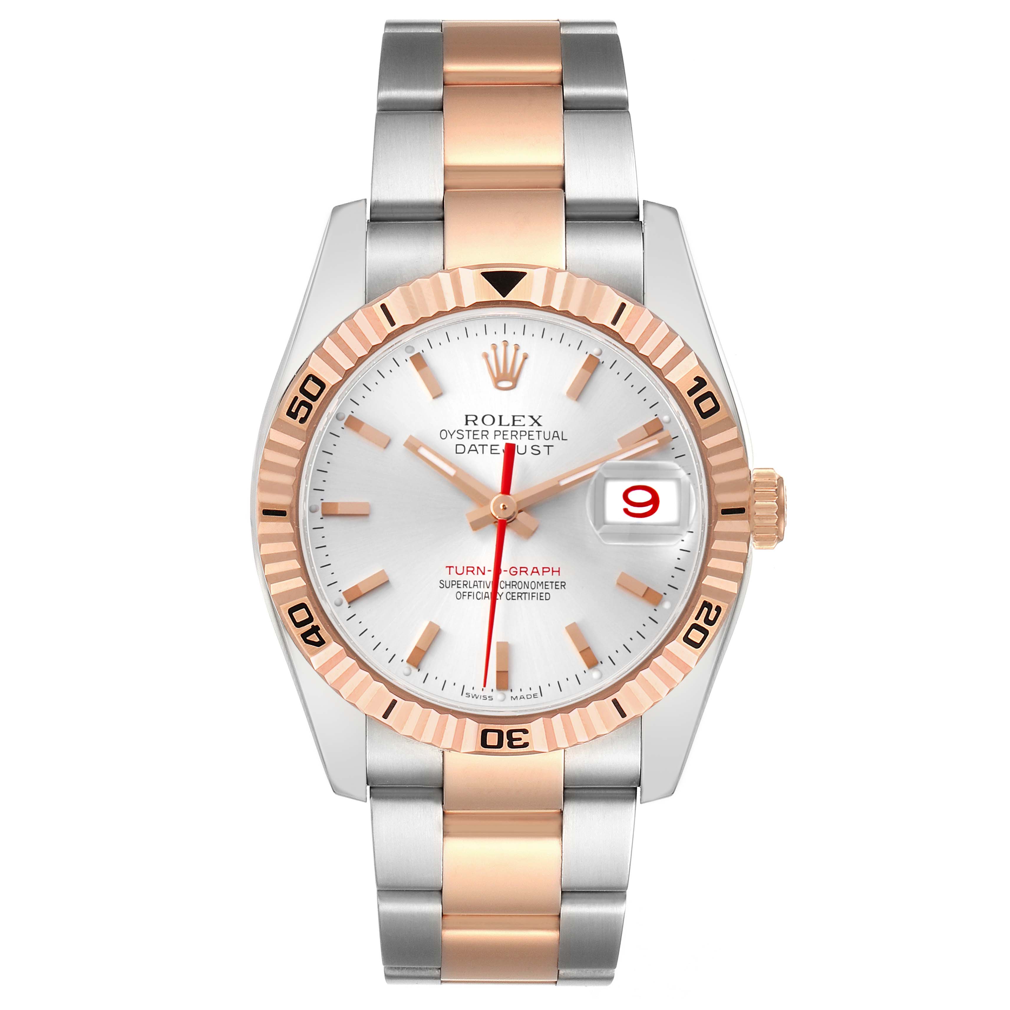 The Rolex Turn-o-Graph 116261 Men
s Steel and Gold (two tone) Silver Dial watch is shown from a front angle, displaying the dial, bezel, and two-tone bracelet.