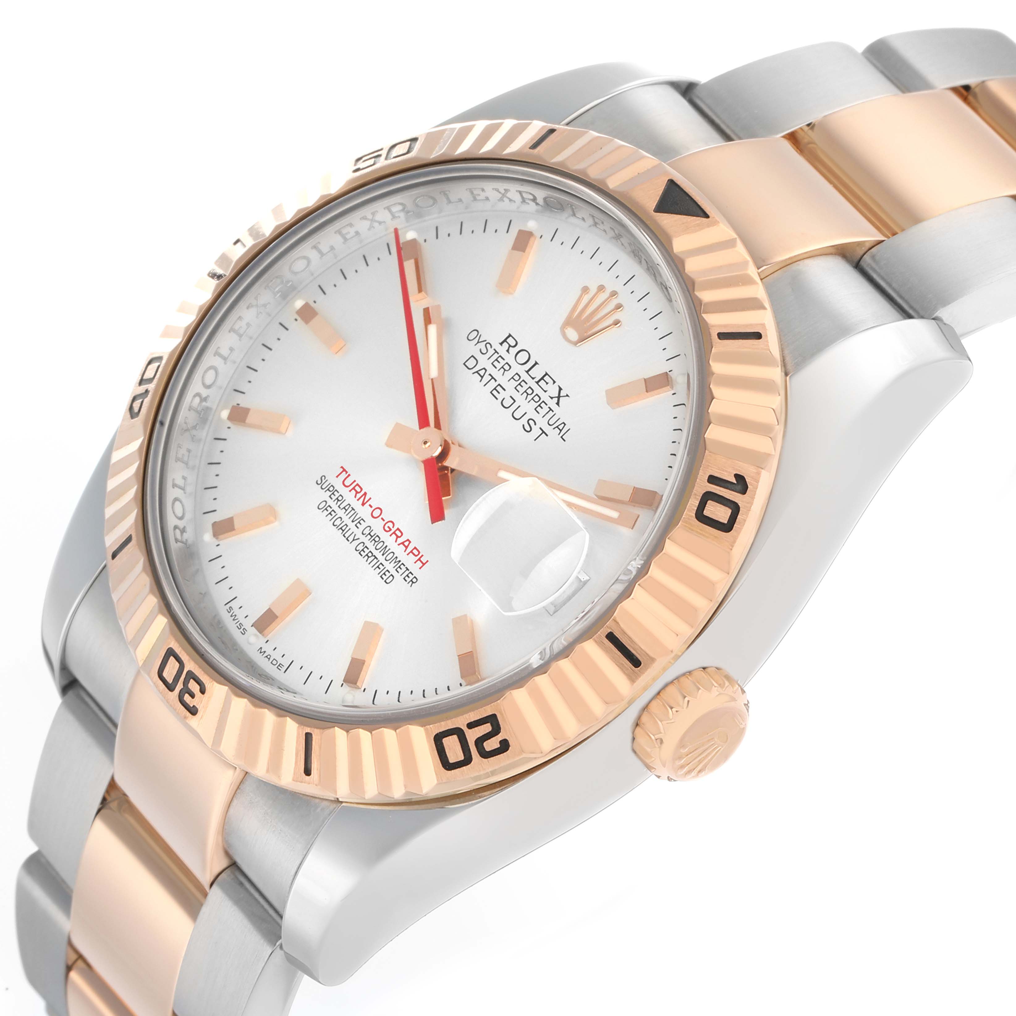The Rolex Turn-o-Graph 116261 Men
s Steel and Gold (two tone) Silver Dial watch is shown at an oblique angle, highlighting the bezel, dial, and part of the bracelet.