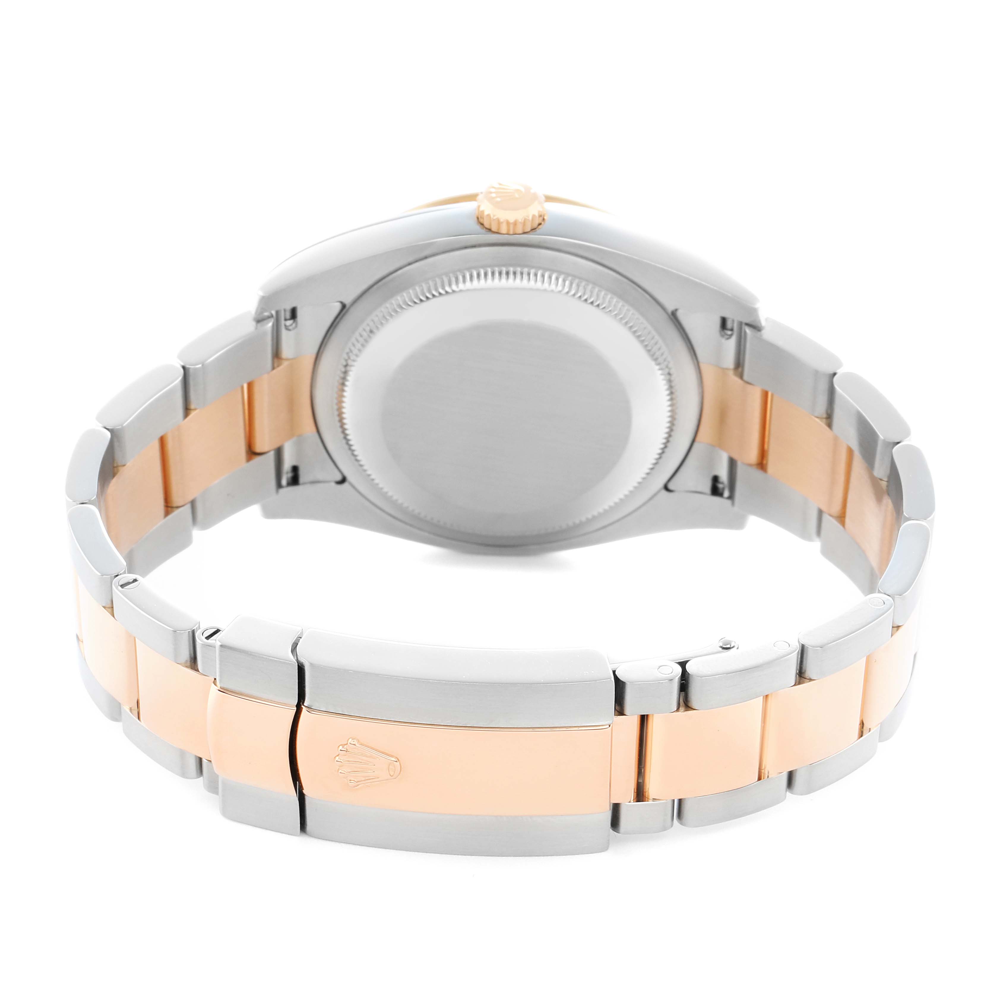 The image shows the back view of a Rolex Turn-o-Graph 116261 Men
s Steel and Gold (two tone) Silver Dial, highlighting the case back, crown, and brushed two-tone bracelet.