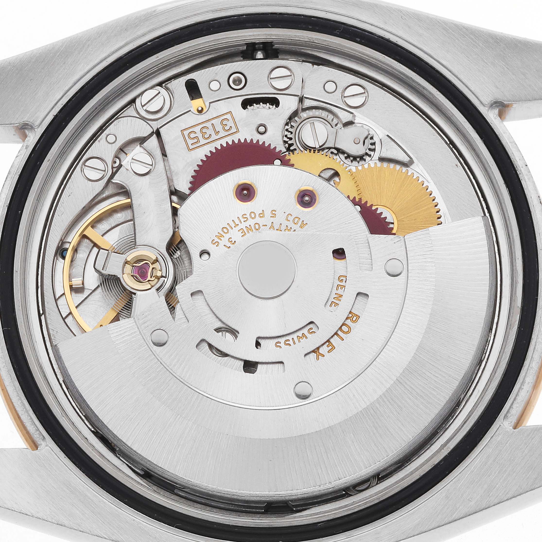 The image shows the back view of the Rolex Turn-o-Graph 116261 Men
s Steel and Gold (two tone) Silver Dial watch, highlighting its intricate movement and mechanism components.