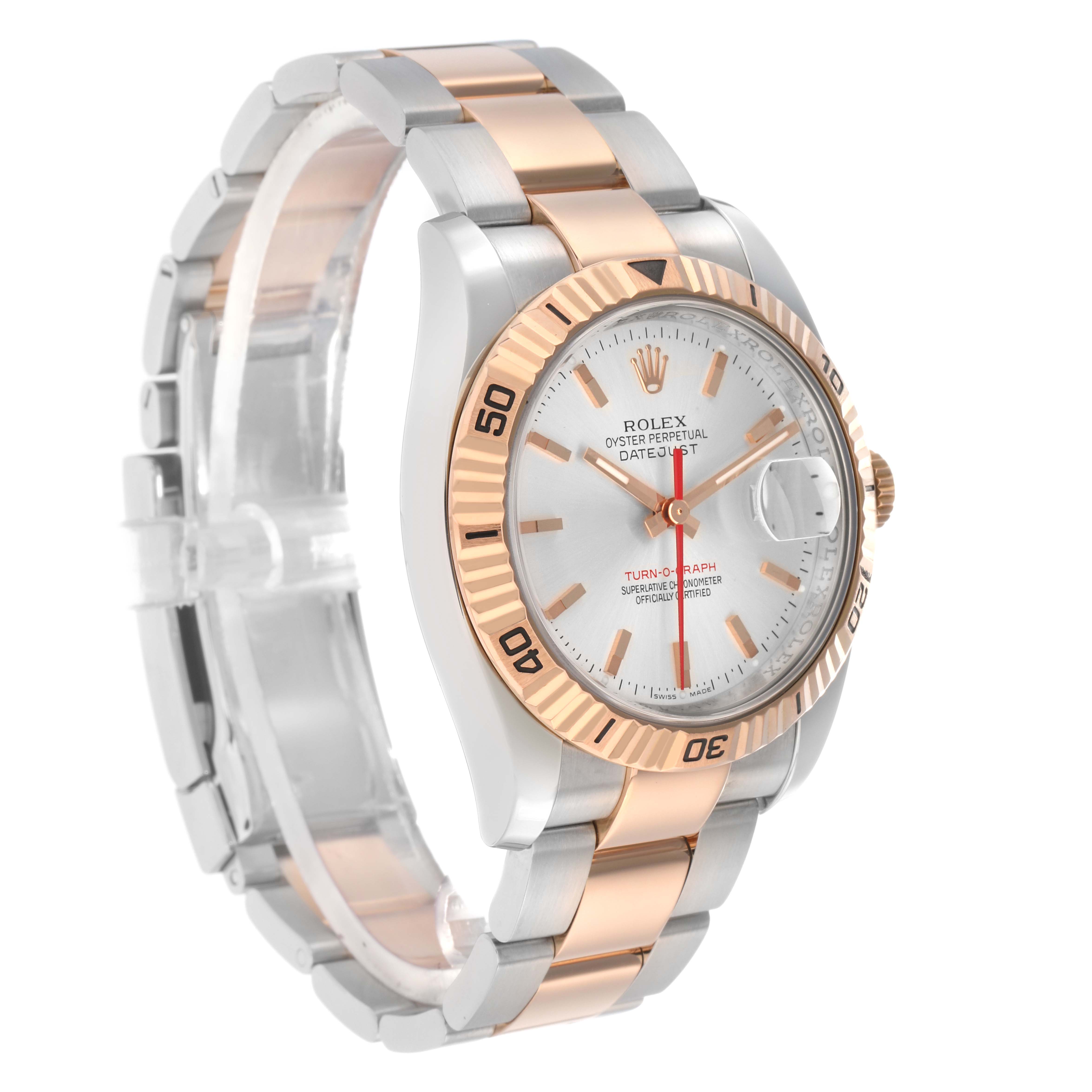 The Rolex Turn-o-Graph 116261 Men
s Steel and Gold (two tone) Silver Dial watch is shown at an angled side view, highlighting the dial, bezel, and two-tone bracelet.