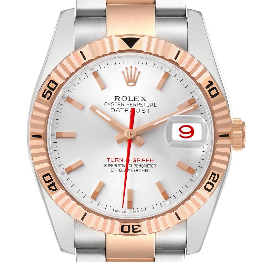The image shows a frontal view of a Rolex Turn-o-Graph 116261 Men's Steel and Gold (two tone) Silver Dial watch, highlighting the dial, bezel, and crown.