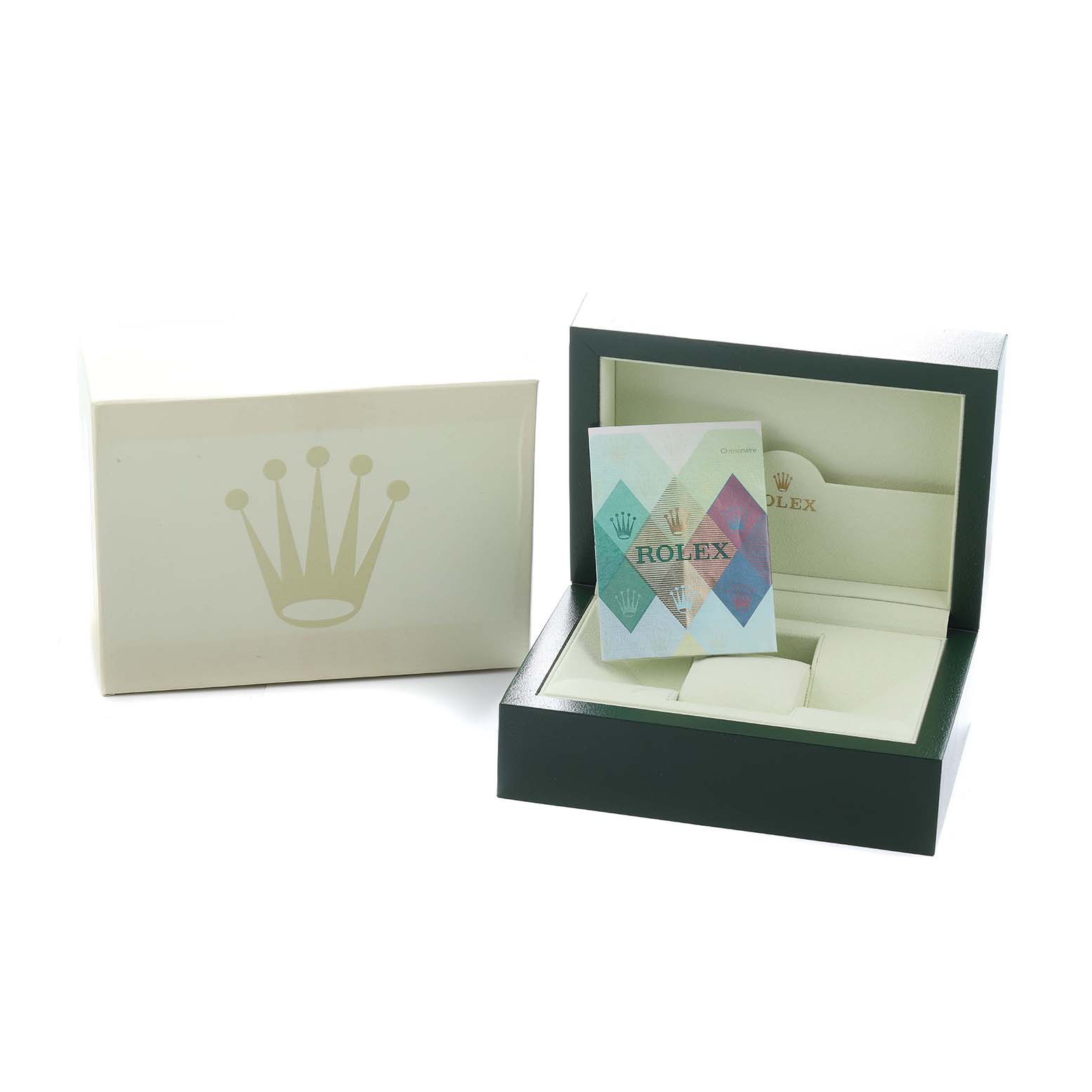 The image shows the packaging of a Rolex Turn-o-Graph 116261 Men
s Steel and Gold (two tone) Silver Dial, including an open green box, outer cream box, and booklet.