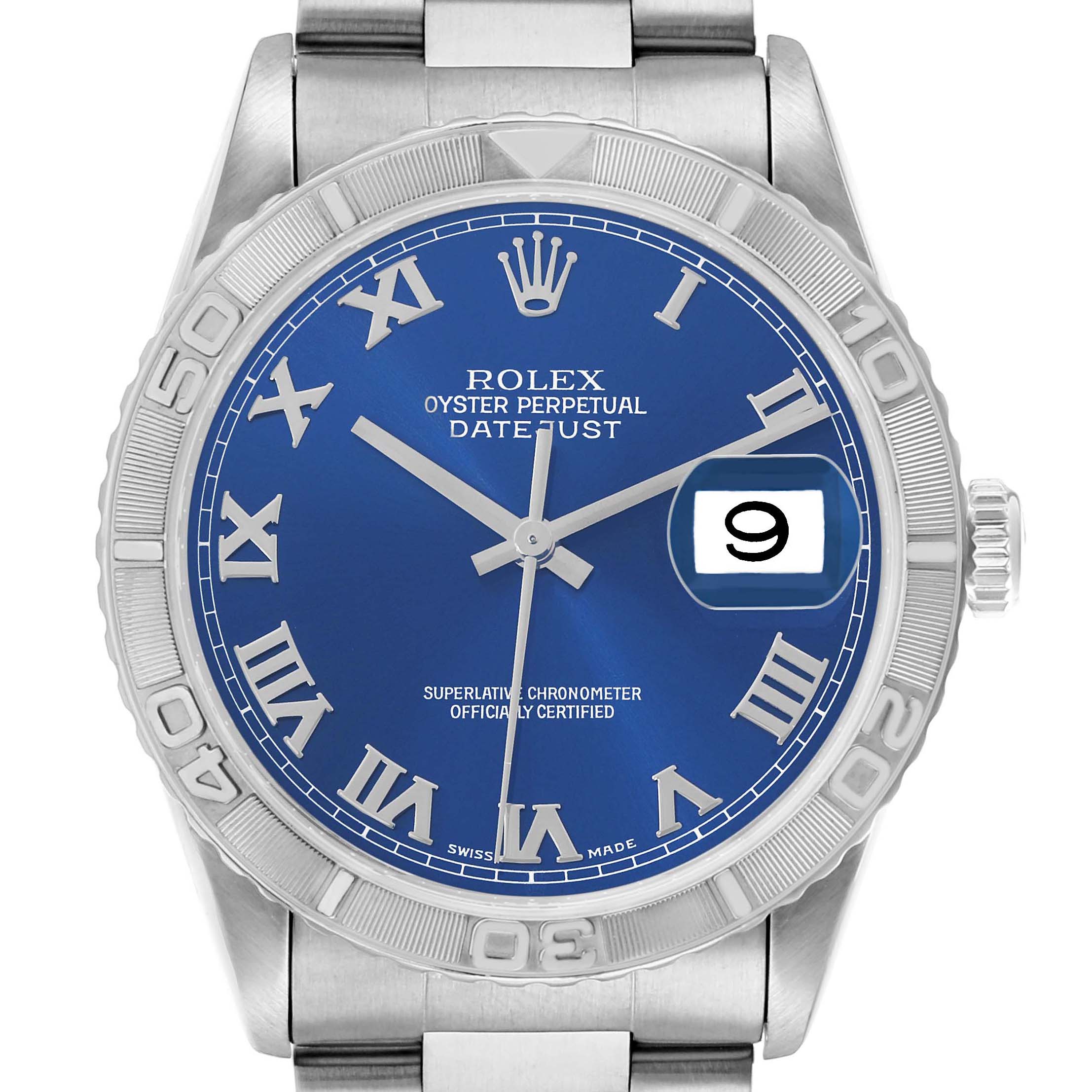 The Rolex Turn-o-Graph 16264 Men
s Stainless Steel Blue Dial is shown from the front, highlighting its blue dial, date window, and rotating bezel.