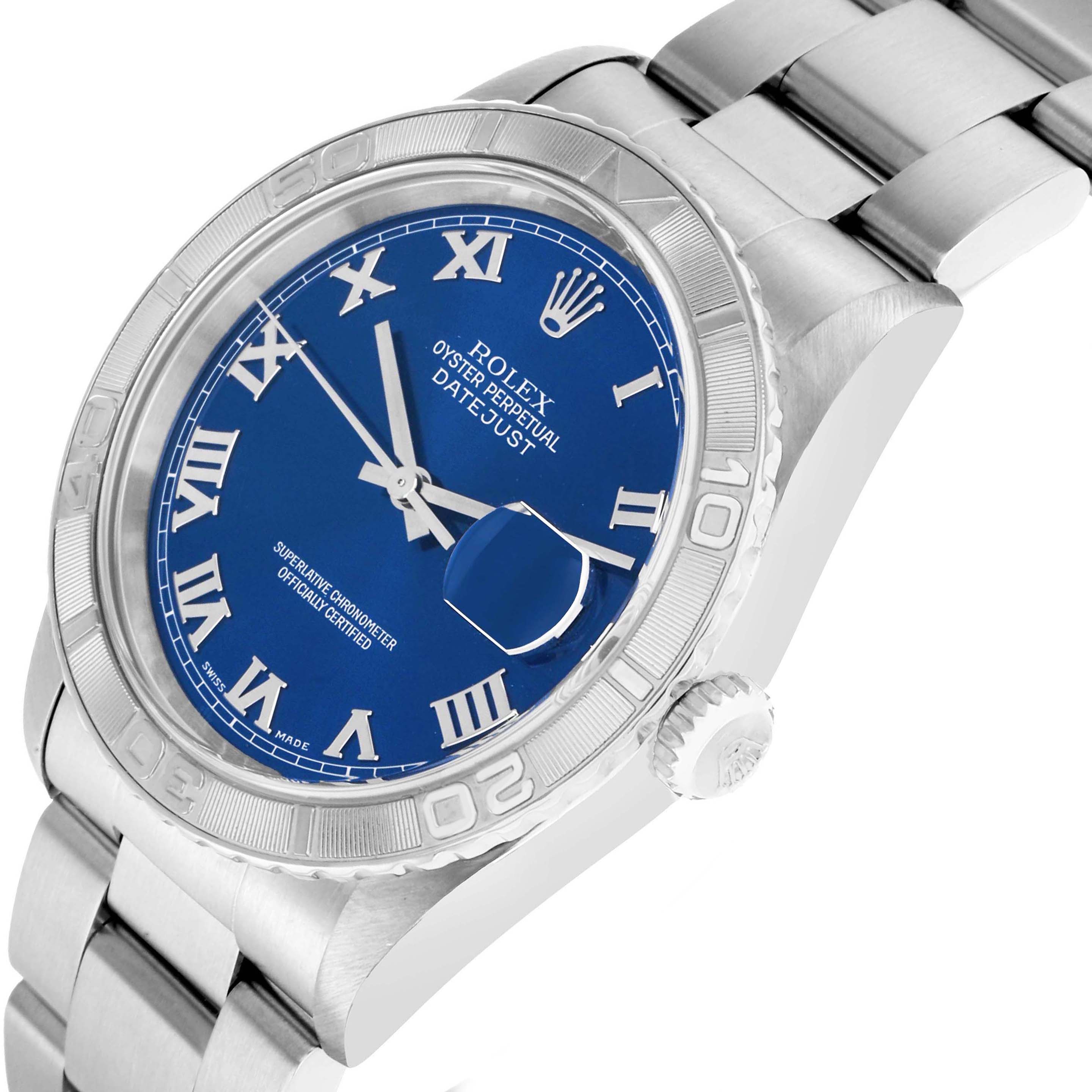 The Rolex Turn-o-Graph 16264 Men
s Stainless Steel Blue Dial watch is shown at an angle highlighting the face, bezel, and bracelet, with a focus on the blue dial.