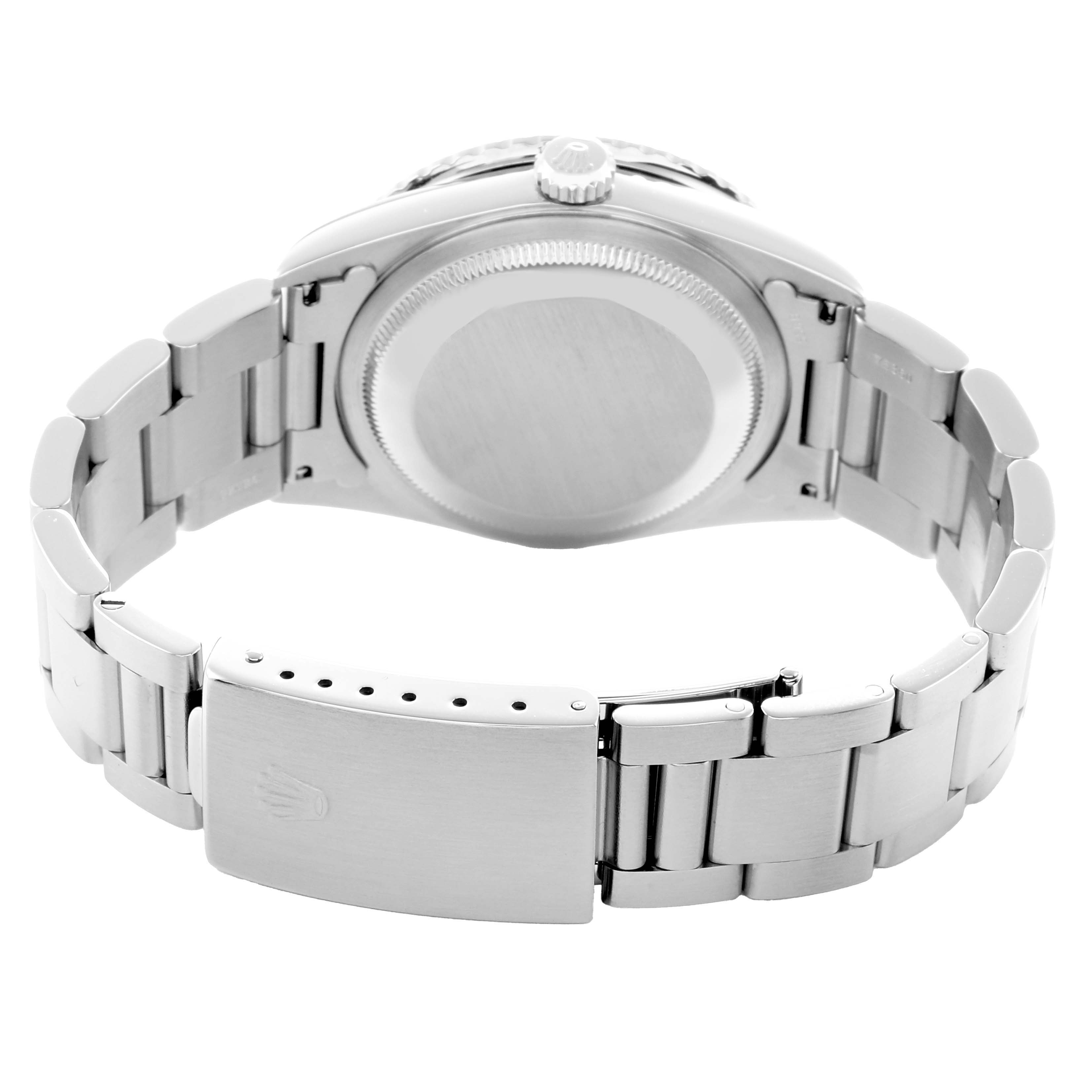 The image shows the back of a Rolex Turn-o-Graph 16264 Men
s Stainless Steel Blue Dial watch, highlighting the case back, bracelet, and clasp.