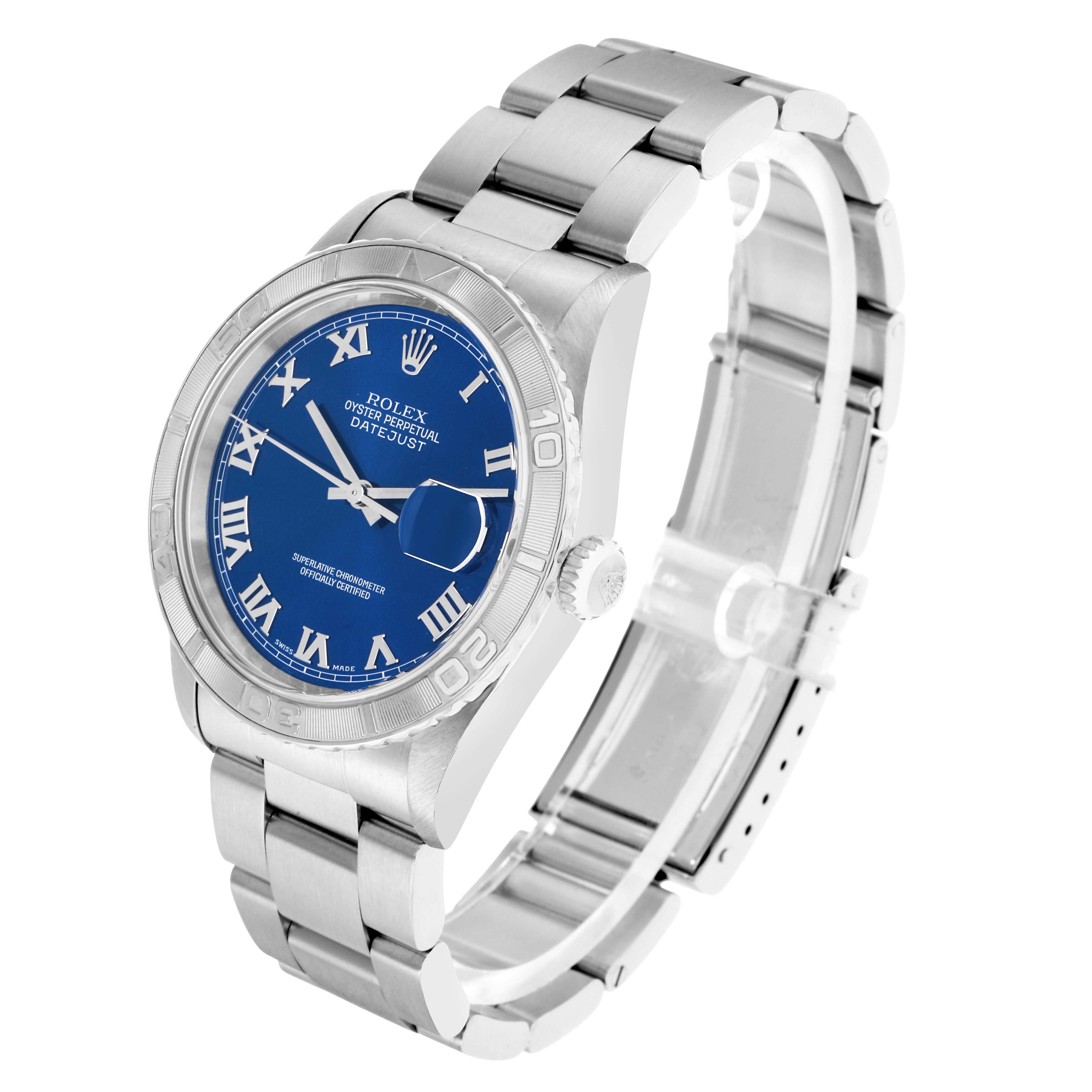 The Rolex Turn-o-Graph 16264 Men
s Stainless Steel Blue Dial watch is shown at a 3/4 angle, displaying the face, bezel, crown, and bracelet clearly.