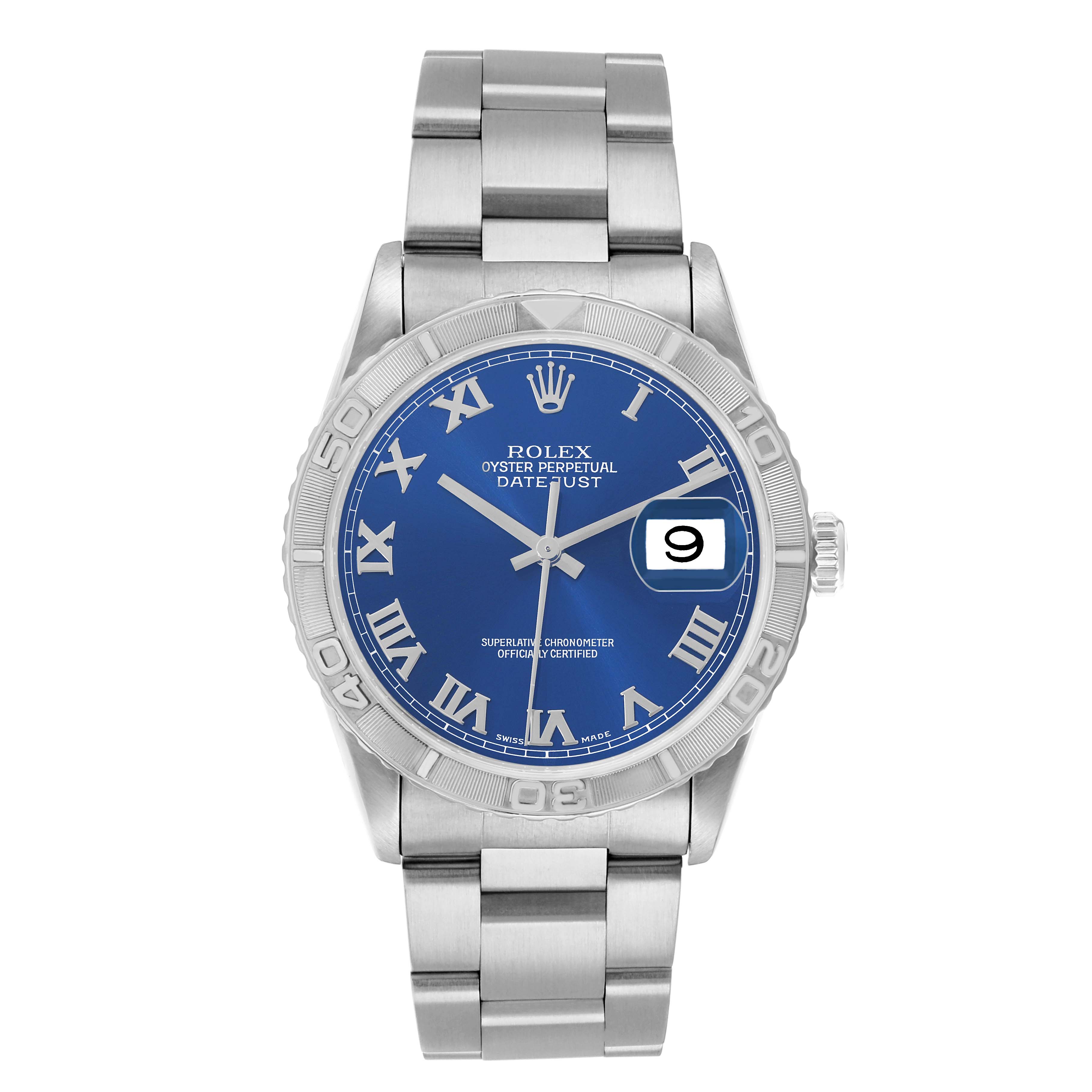 The Rolex Turn-o-Graph 16264 Men
s Stainless Steel Blue Dial watch is shown from a frontal angle, displaying the dial, bezel, and bracelet.