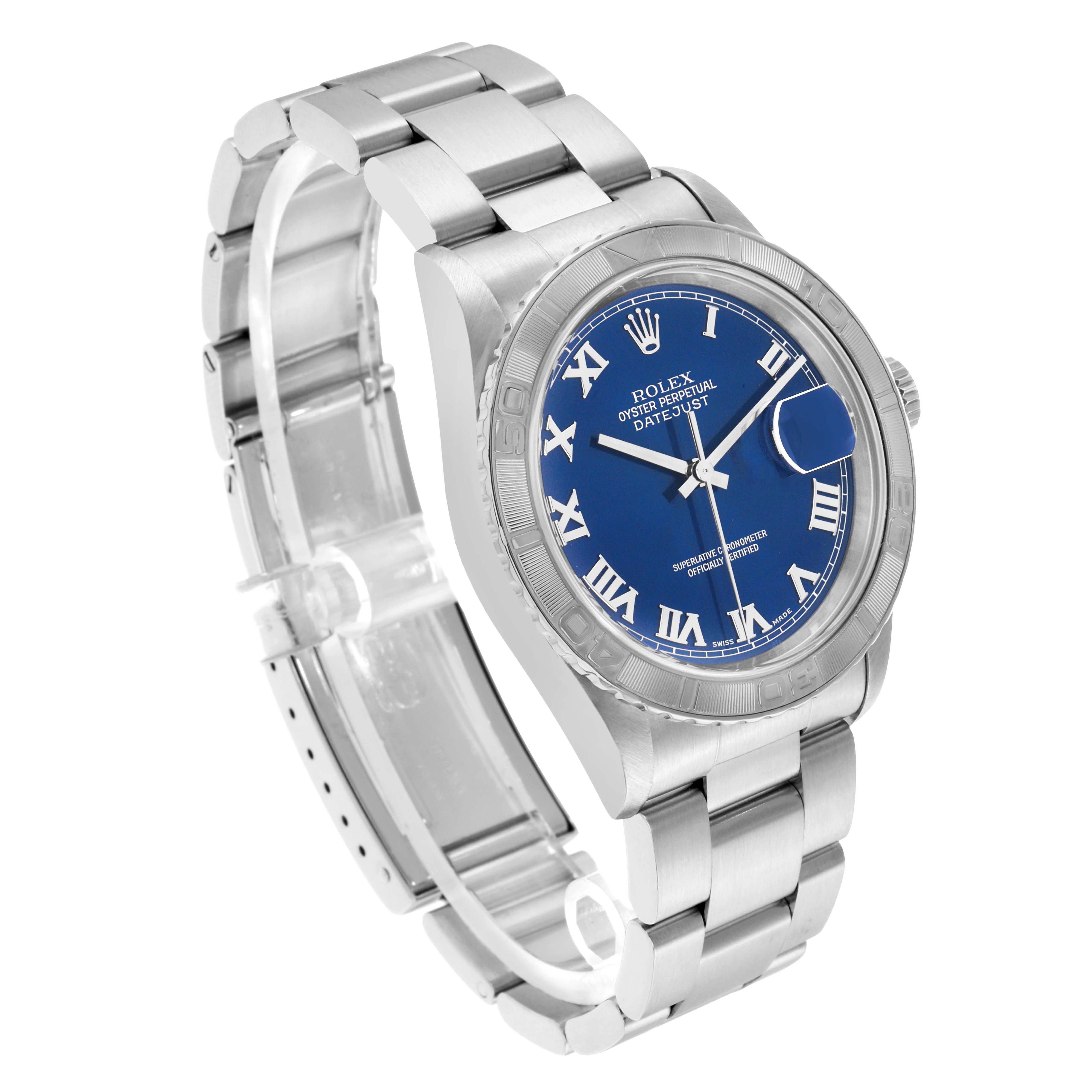 The Rolex Turn-o-Graph 16264 Men
s Stainless Steel Blue Dial watch is shown at a three-quarter angle, highlighting the blue dial, bezel, and stainless steel bracelet.