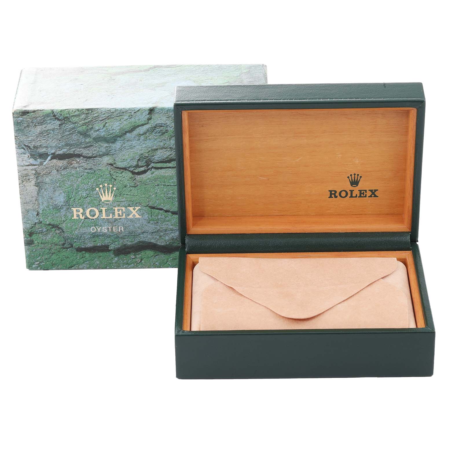 The image shows an open Rolex Turn-o-Graph 16263 Men
s Steel and Gold (two tone) Black Dial 16263 Men
s Steel and Gold (two tone) Black Dial watch box with a leather pouch inside and a Rolex outer box behind it.