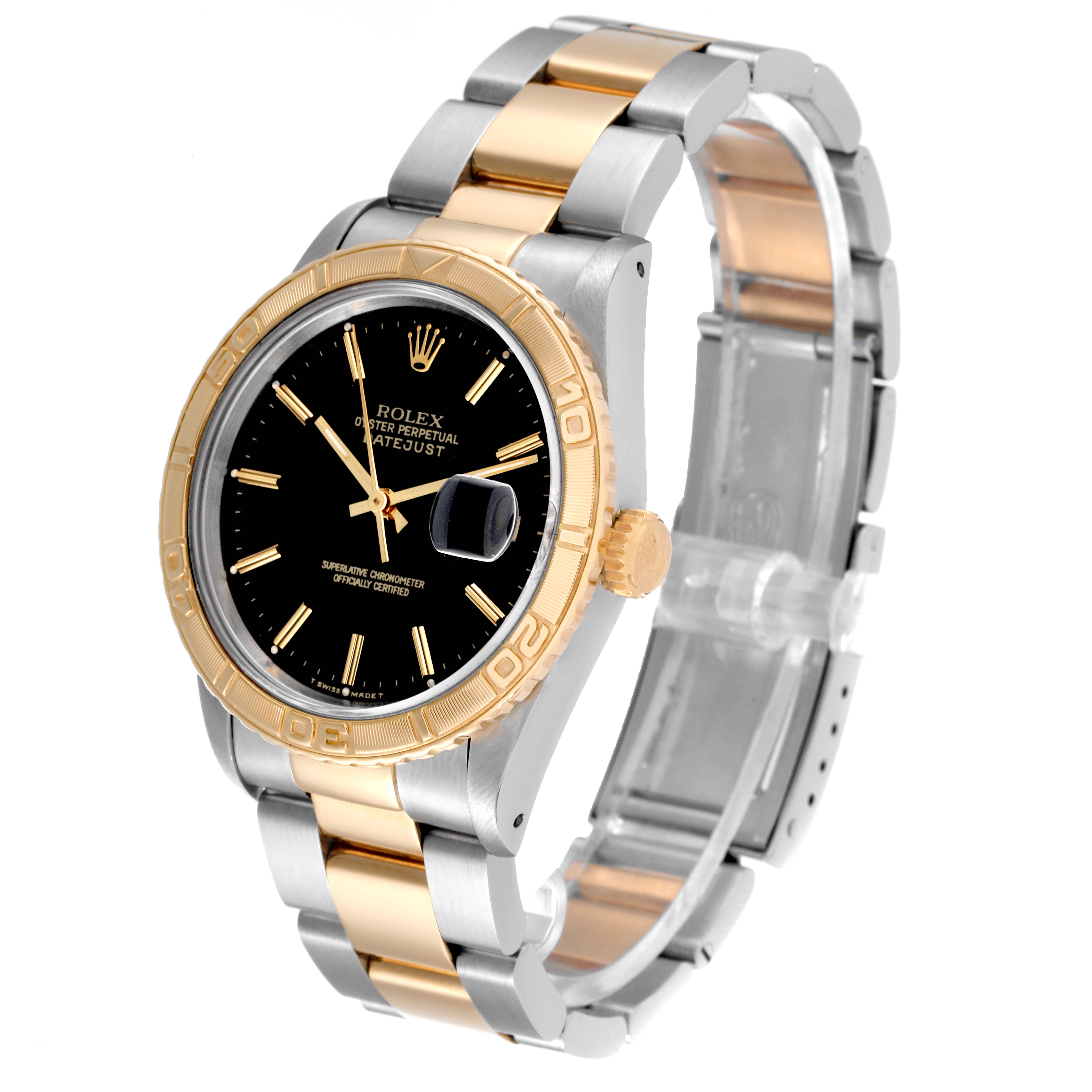 The image shows a Rolex Turn-o-Graph 16263 Men
s Steel and Gold (two tone) Black Dial 16263 Men
s Steel and Gold (two tone) Black Dial watch in a three-quarter perspective, highlighting its gold bezel, black dial, and two-tone bracelet.