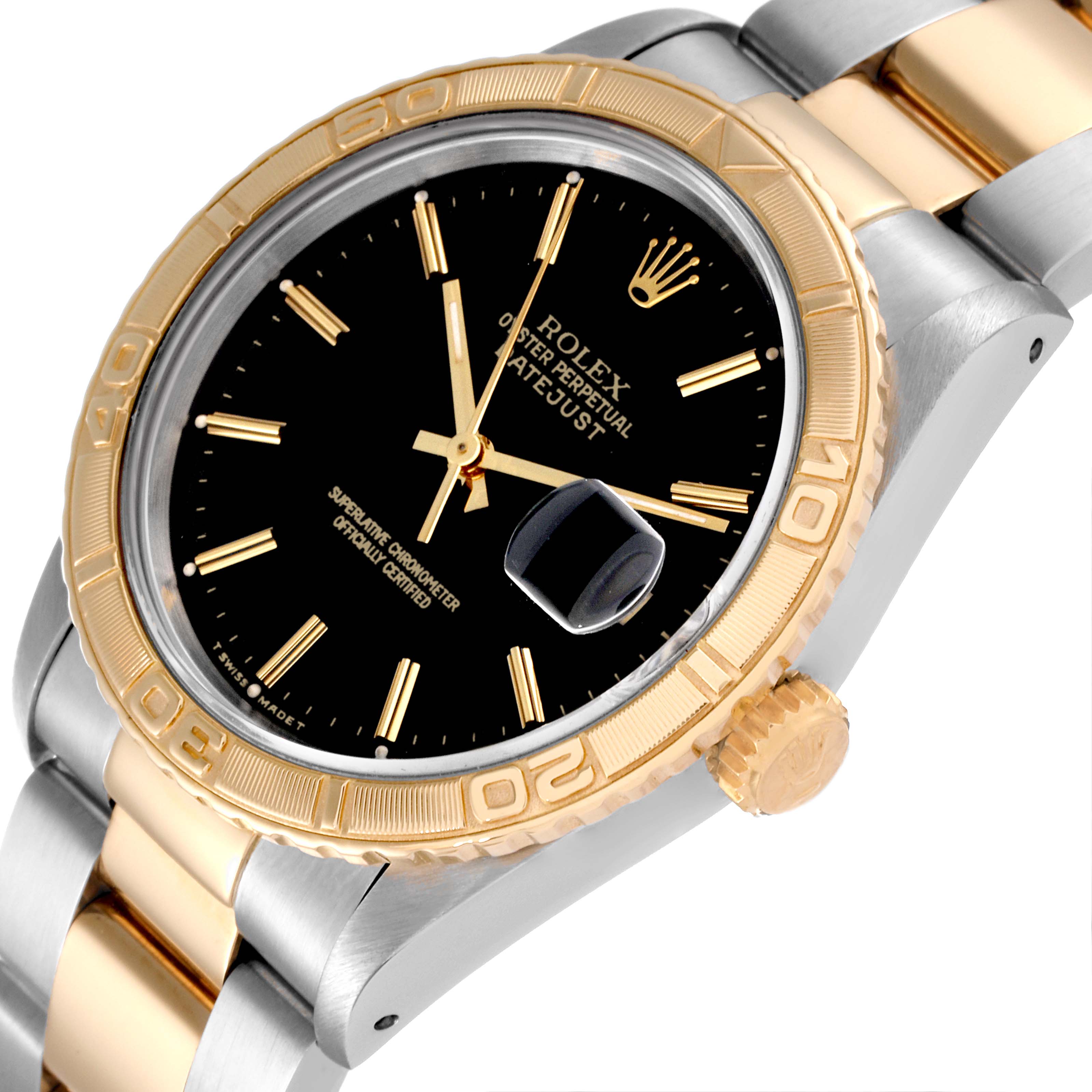 The image shows a close-up angled shot of a Rolex Turn-o-Graph 16263 Men
s Steel and Gold (two tone) Black Dial 16263 Men
s Steel and Gold (two tone) Black Dial watch, highlighting its dial, bezel, crown, and bracelet.