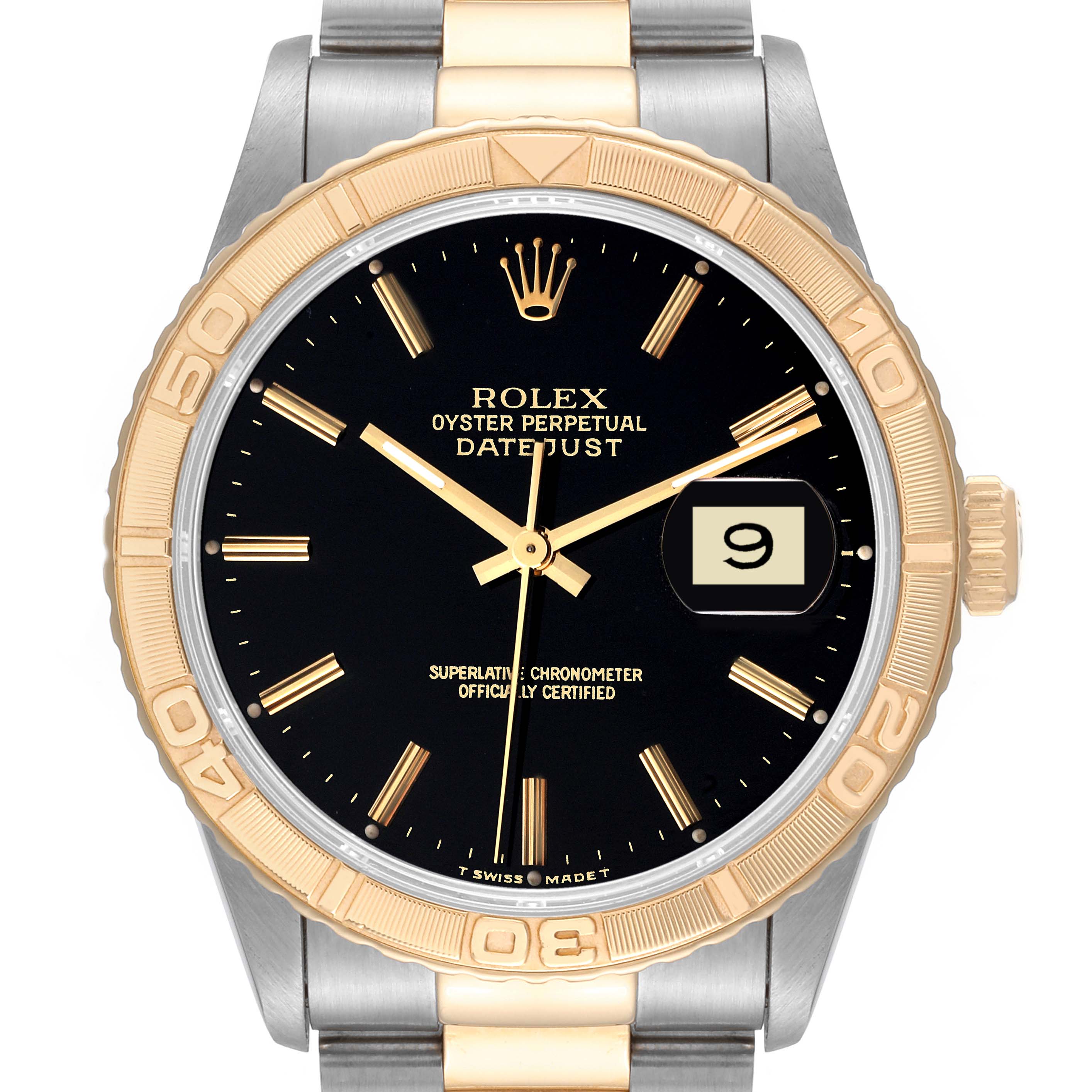 This Rolex Turn-o-Graph 16263 Men
s Steel and Gold (two tone) Black Dial 16263 Men
s Steel and Gold (two tone) Black Dial watch is shown from the front, displaying its dial, bezel, crown, and part of the metal bracelet.