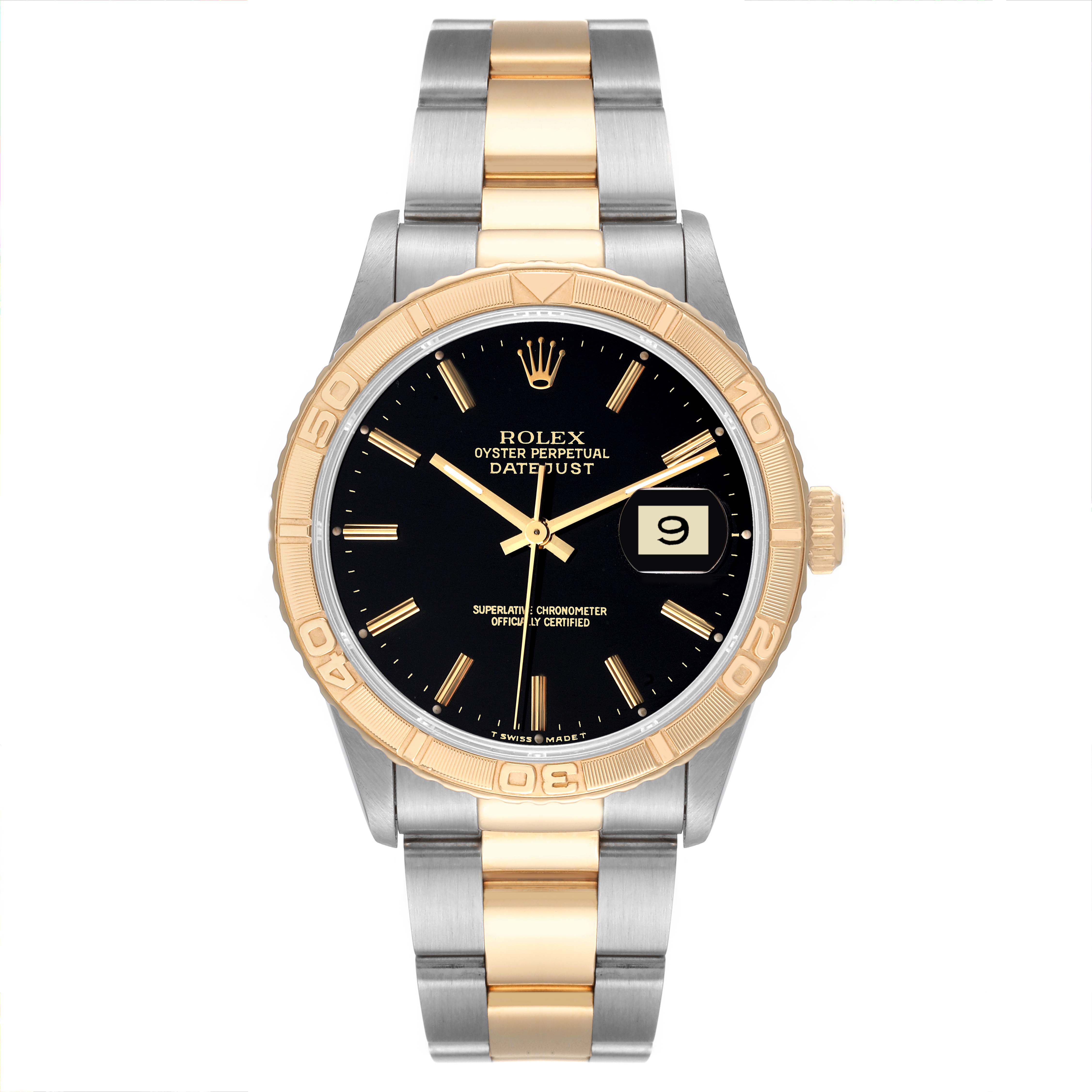 This image shows a front view of a Rolex Turn-o-Graph 16263 Men
s Steel and Gold (two tone) Black Dial 16263 Men
s Steel and Gold (two tone) Black Dial watch, featuring its face, bezel, and bracelet.