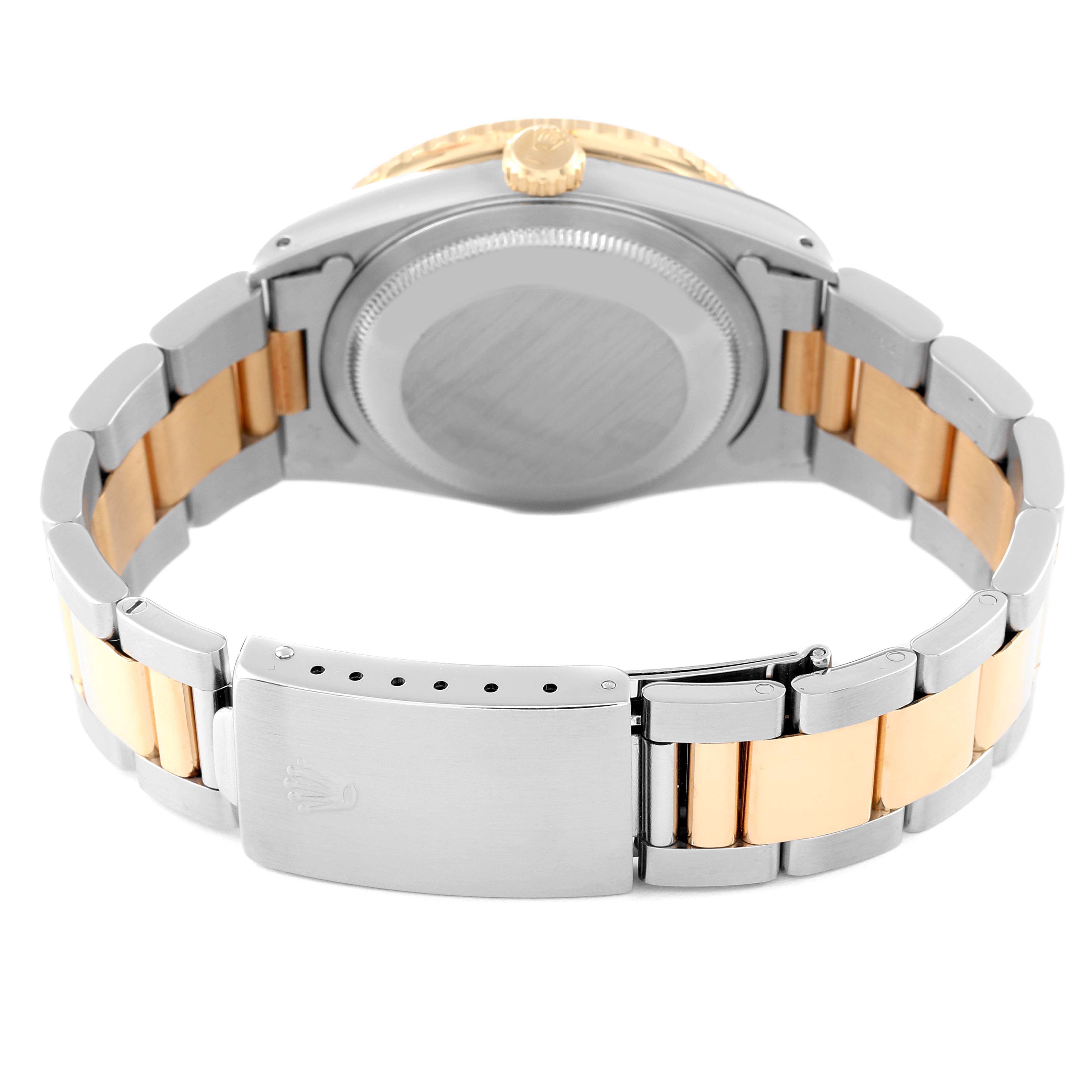 The image shows the back case and bracelet of a Rolex Turn-o-Graph 16263 Men
s Steel and Gold (two tone) Black Dial 16263 Men
s Steel and Gold (two tone) Black Dial watch from a slightly angled rear view.