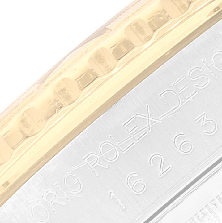 This image shows a close-up view of the casing edge and model engraving of a Rolex Turn-o-Graph 16263 Men
s Steel and Gold (two tone) Black Dial 16263 Men
s Steel and Gold (two tone) Black Dial watch.