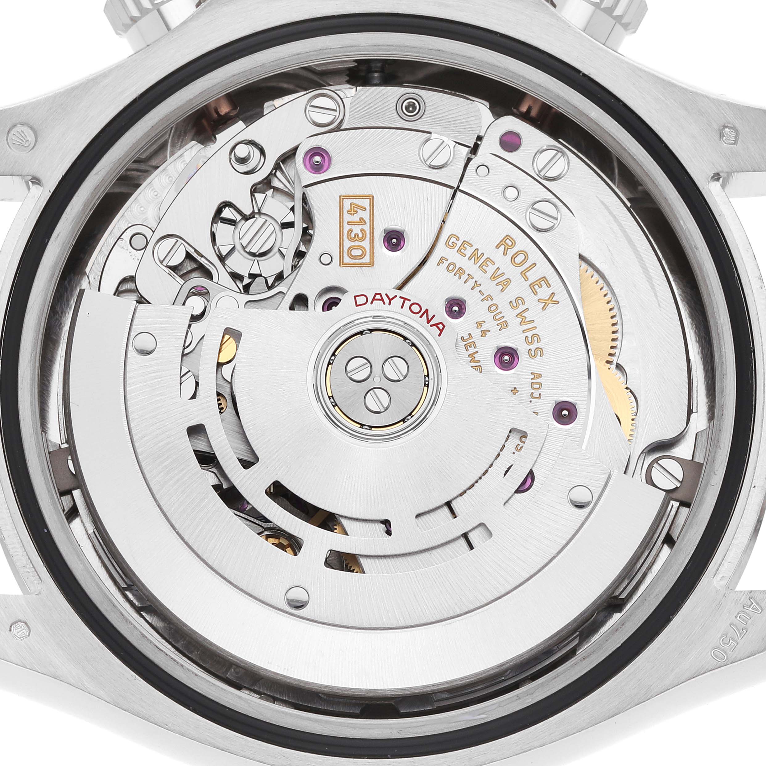 The image shows the back view of a Rolex Daytona 116509 Men's White Gold Black Dial, highlighting its movement and internal mechanics.