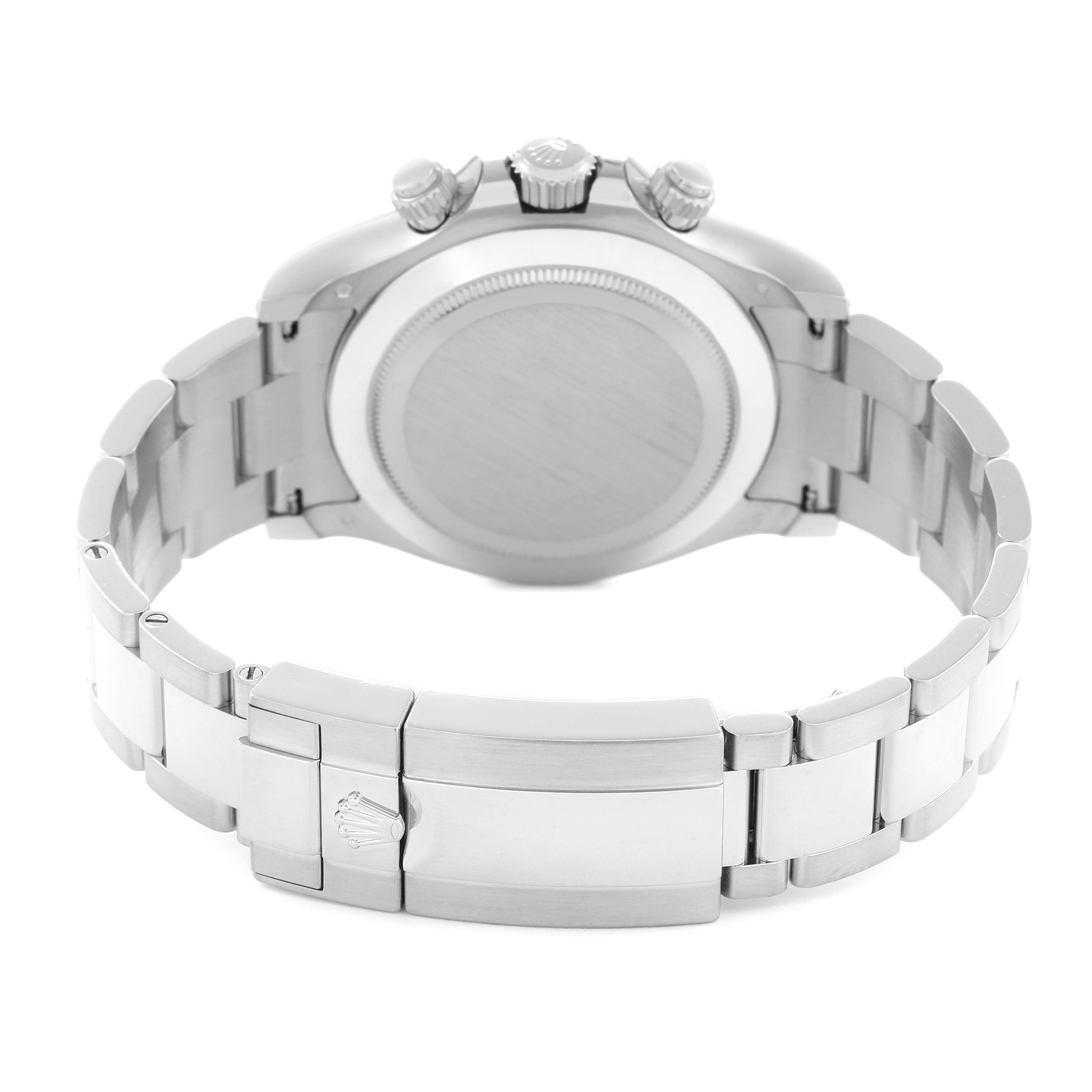 The image shows the back of a Rolex Daytona 116509 Men's White Gold Black Dial, highlighting the case back, bracelet, and clasp.