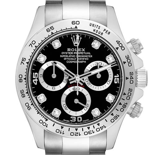 The Rolex Daytona 116509 Men's White Gold Black Dial watch is shown from a front angle, highlighting the face, bezel, pushers, and part of the bracelet.