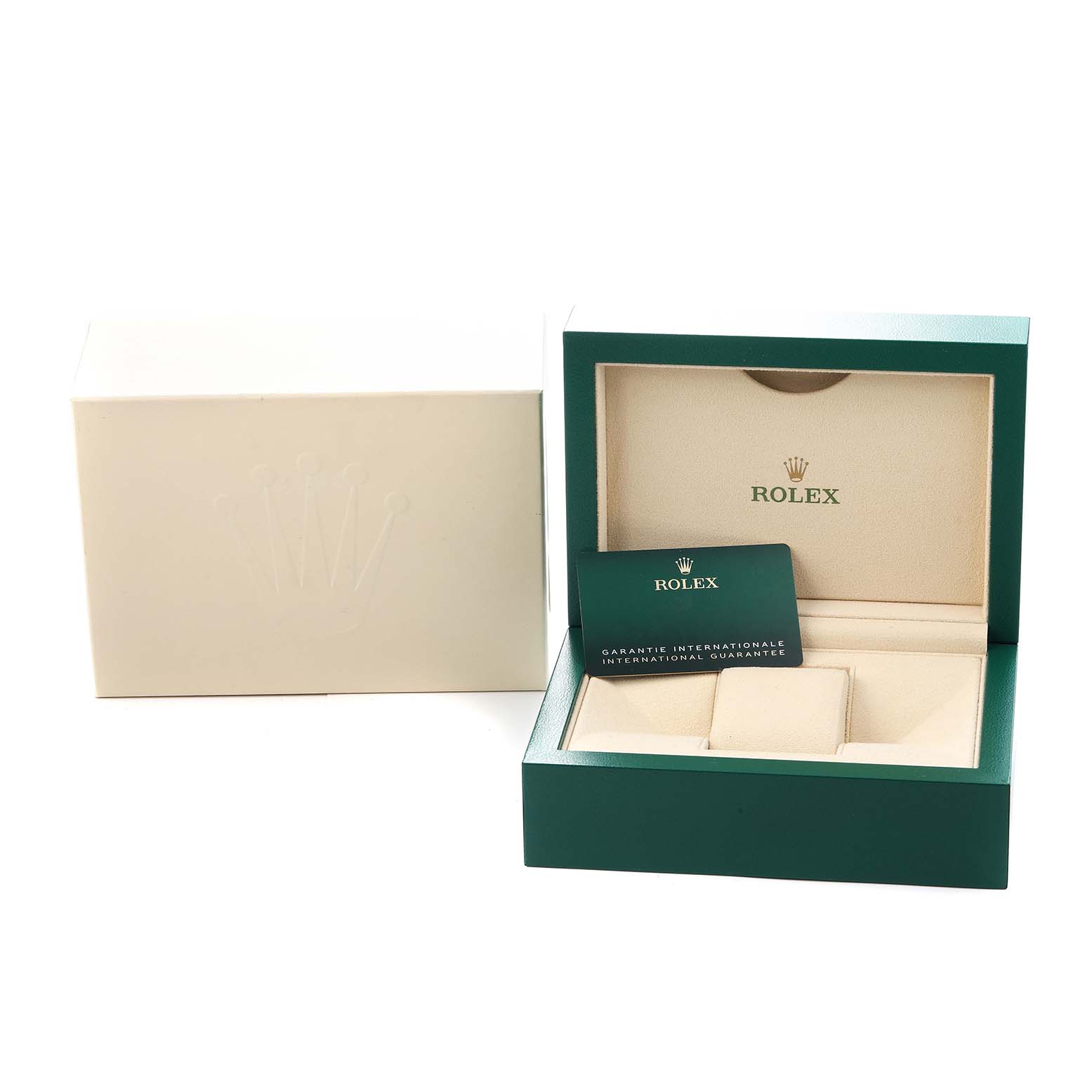 The image shows an open Rolex Daytona 116509 Men's White Gold Black Dial watch box with inner and outer boxes and a guarantee card.