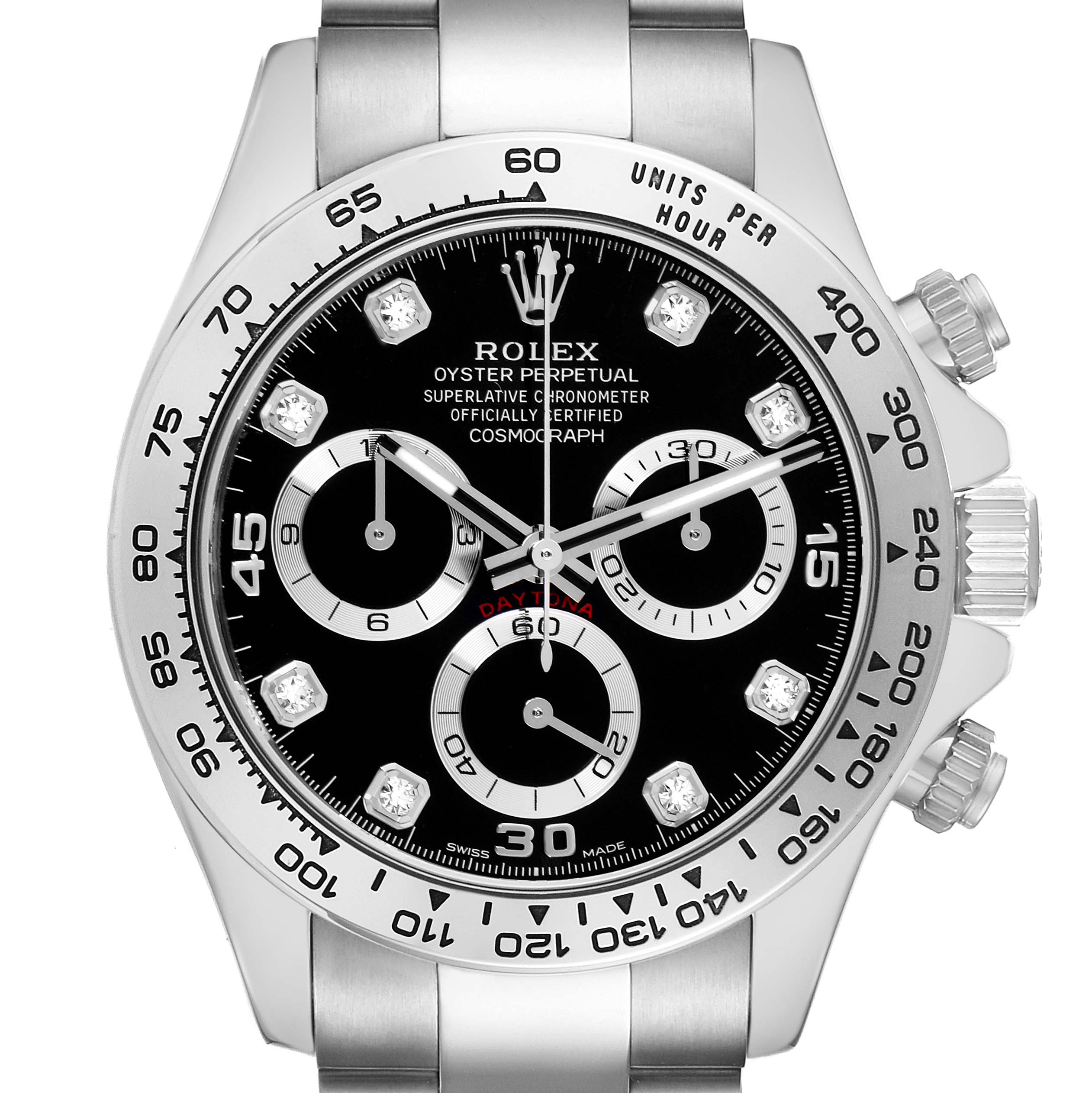 The Rolex Daytona 116509 Men's White Gold Black Dial watch is shown from the front, highlighting its dial, bezel, and crown.