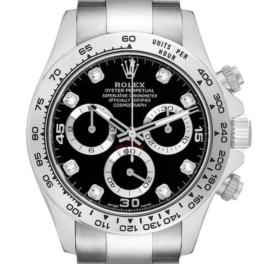 The Rolex Daytona 116509 Men's White Gold Black Dial watch is shown from the front, highlighting its dial, bezel, and crown.