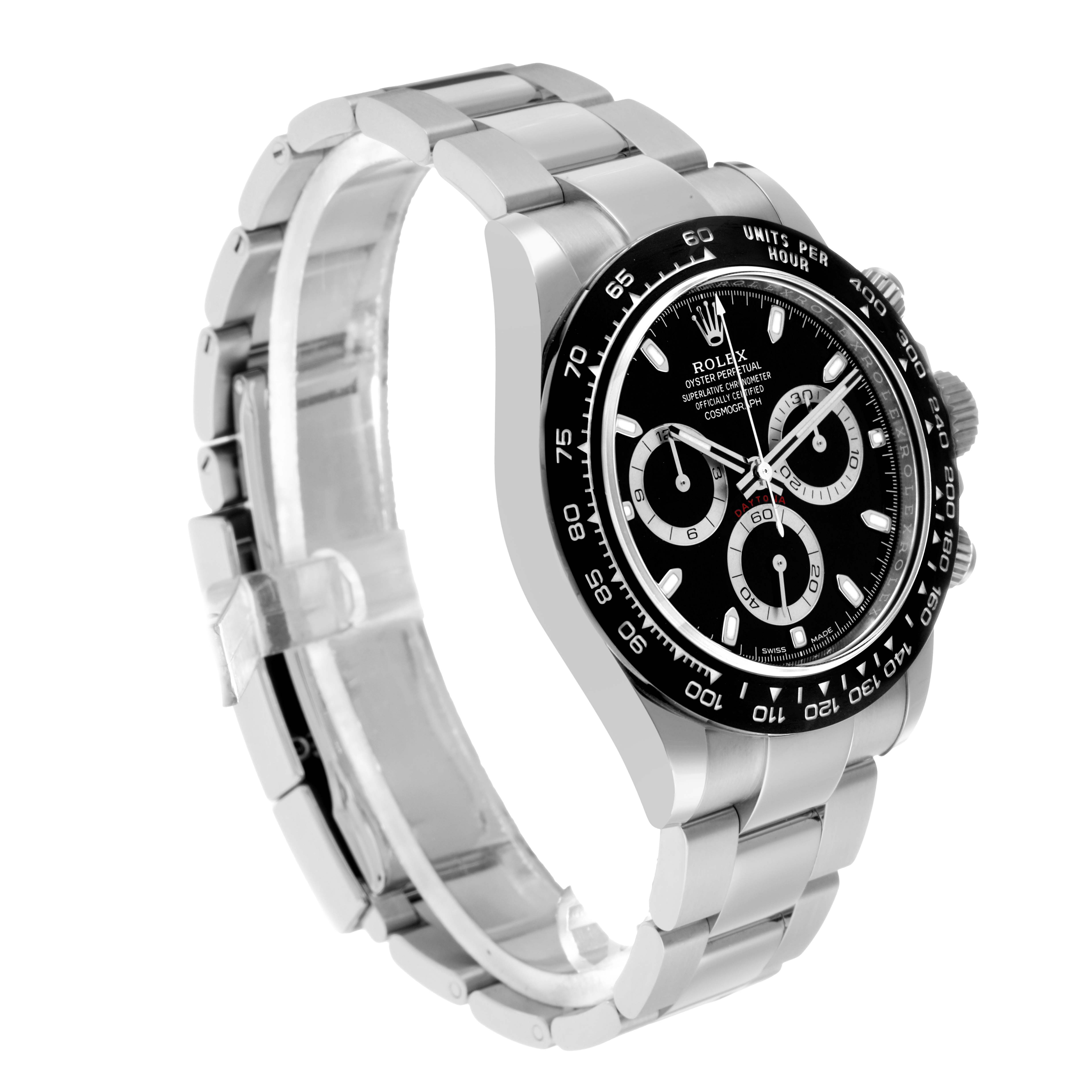 The image shows a Rolex Daytona 116500 Men
s Stainless Steel Black Dial watch at a three-quarter angle, highlighting the bezel, dial, and stainless steel bracelet.