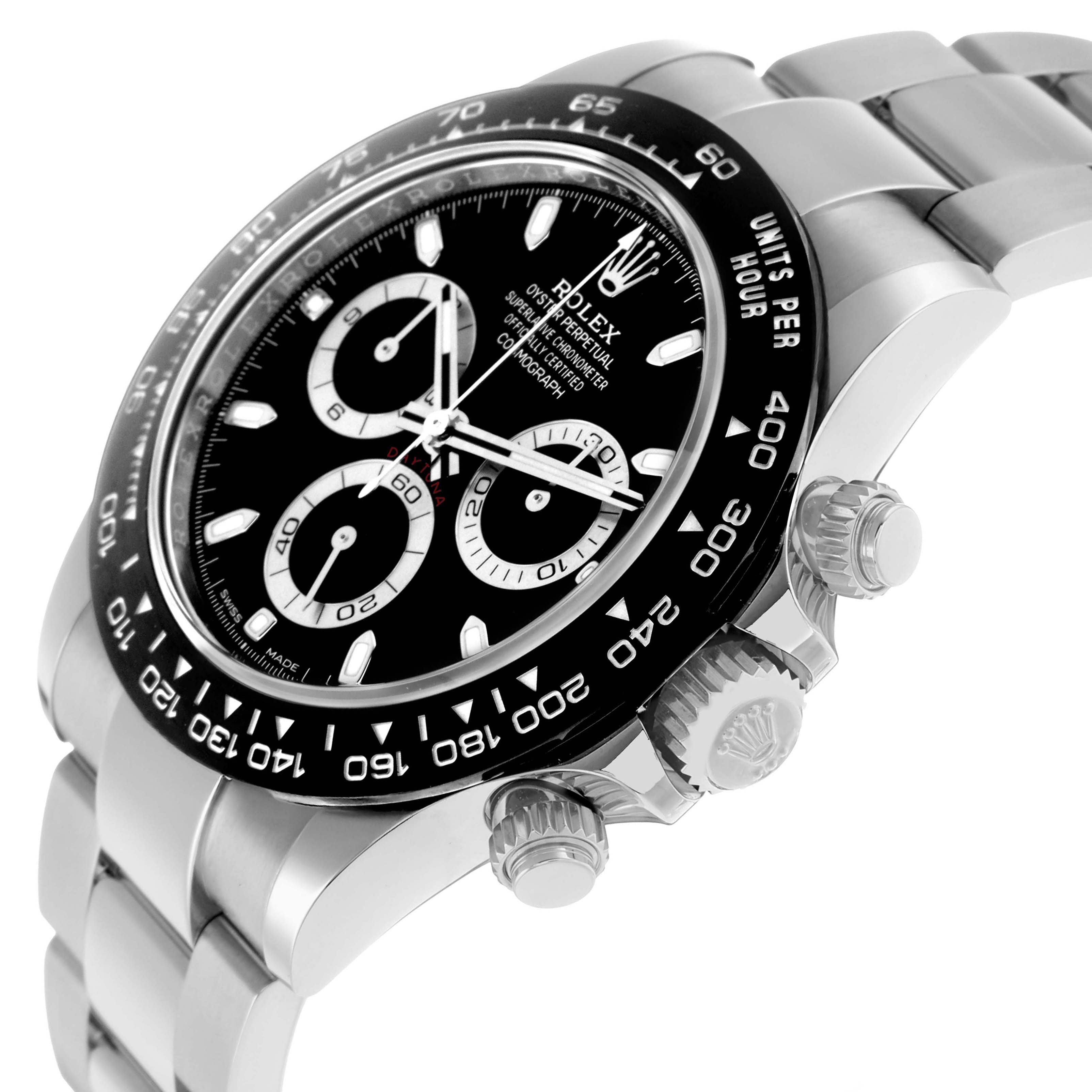 The Rolex Daytona 116500 Men
s Stainless Steel Black Dial watch is shown at an angled side view, highlighting the bezel, dial, and crown with pushers.