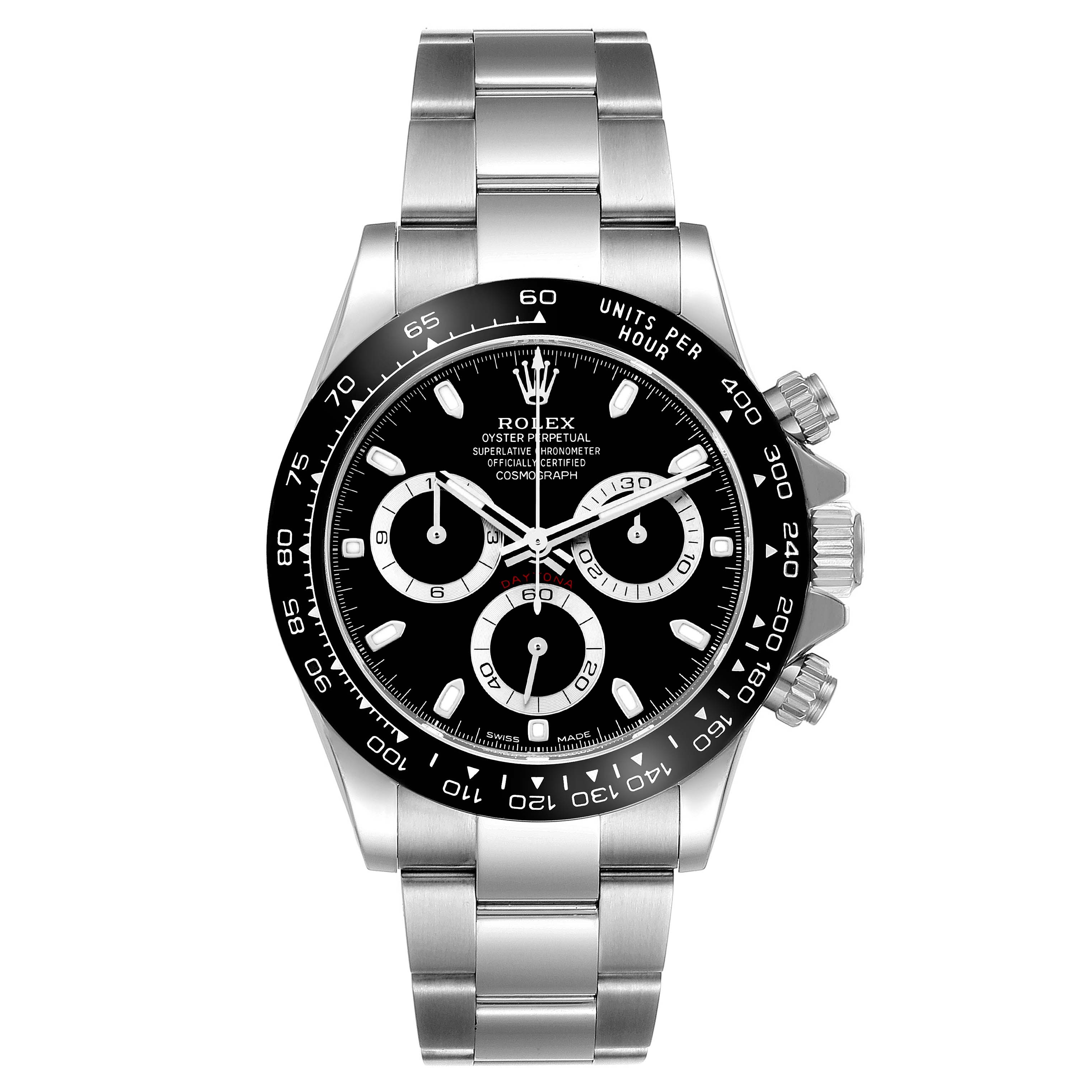 The Rolex Daytona 116500 Men
s Stainless Steel Black Dial watch is shown from a front angle, displaying the face, bezel, chronograph subdials, and bracelet.