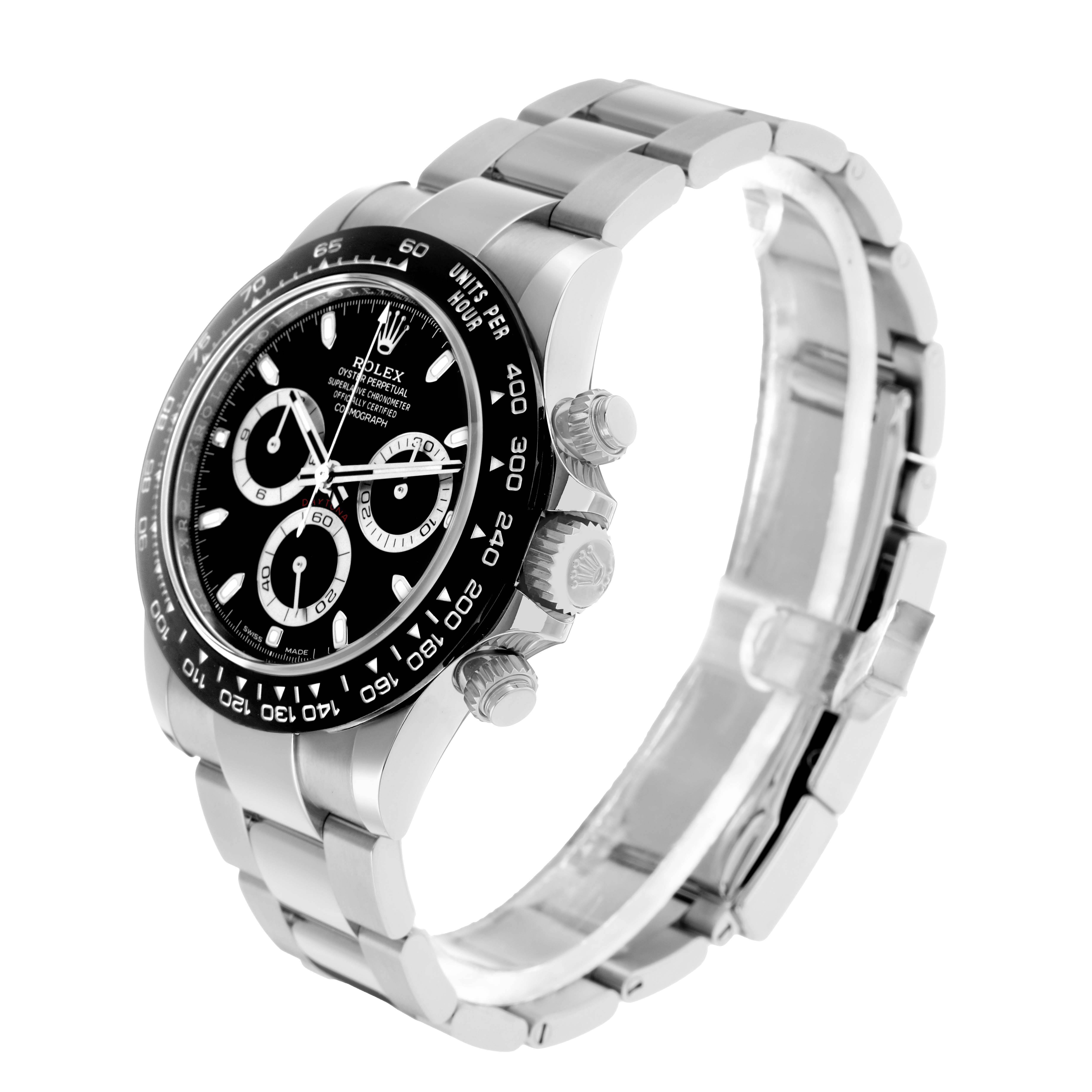The Rolex Daytona 116500 Men
s Stainless Steel Black Dial is shown at a three-quarter angle, highlighting the face, bezel, crown, and bracelet.