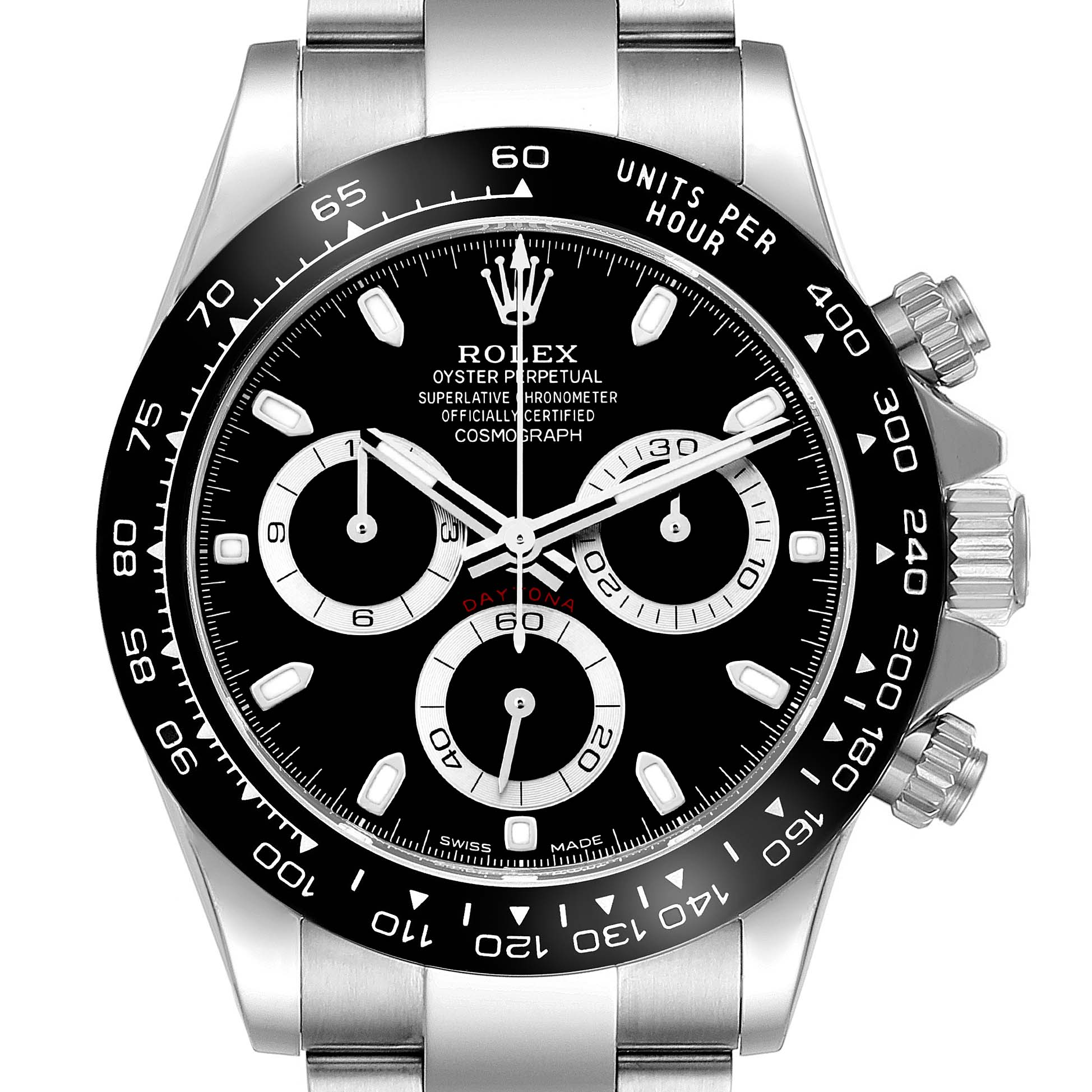 The image shows a frontal view of a Rolex Daytona 116500 Men
s Stainless Steel Black Dial watch, highlighting its black dial, bezel with tachymetric scale, and chronograph sub-dials.