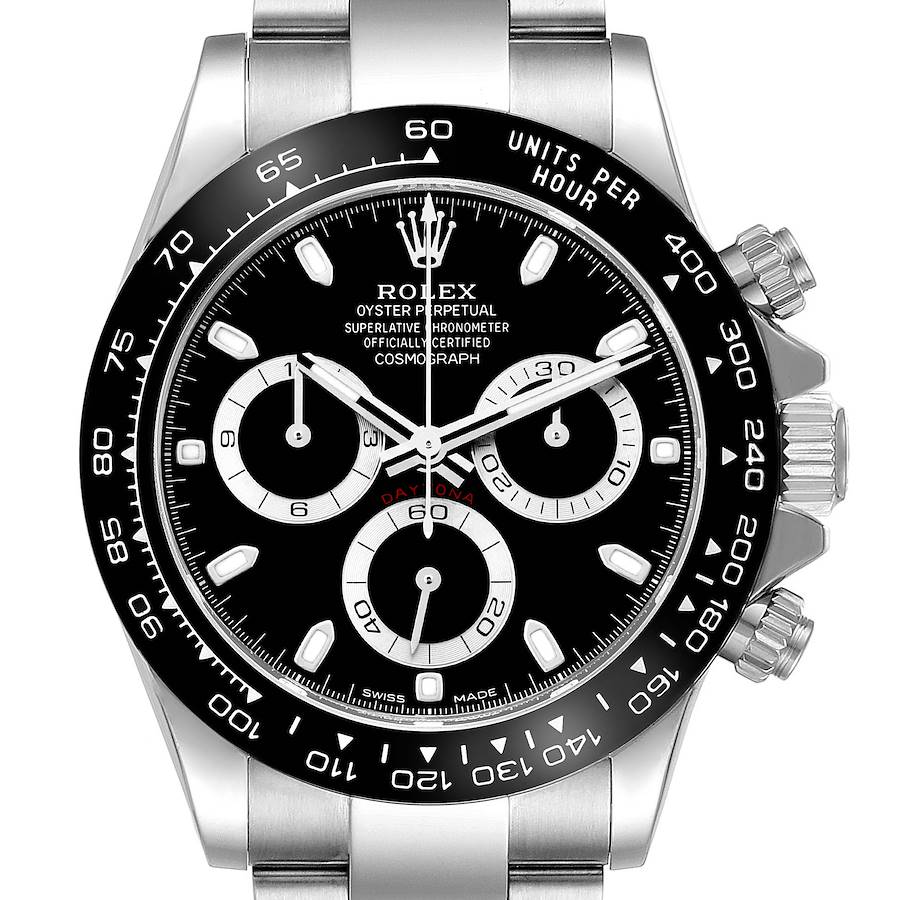 The image shows a frontal view of a Rolex Daytona 116500 Men's Stainless Steel Black Dial watch, highlighting its black dial, bezel with tachymetric scale, and chronograph sub-dials.