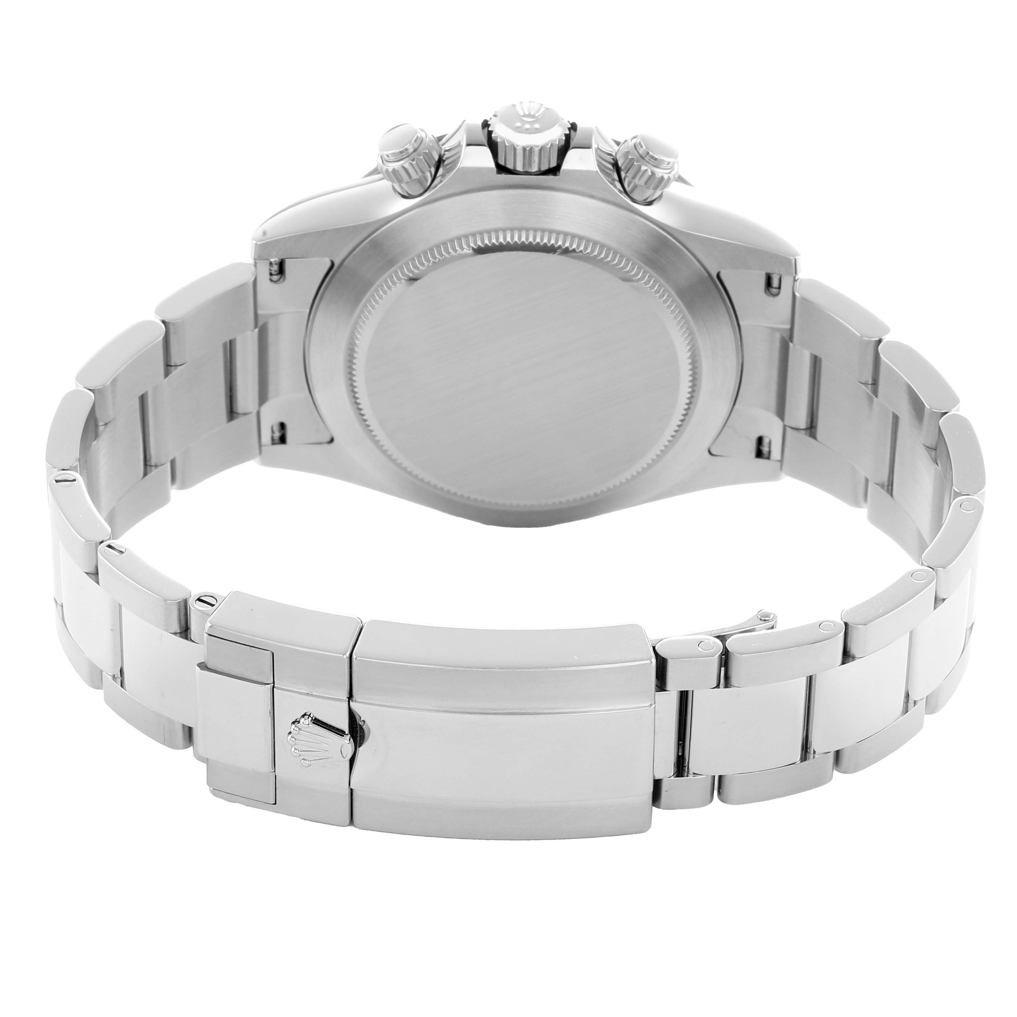 This image shows the back view of a Rolex Daytona 116500 Men
s Stainless Steel Black Dial watch, highlighting the case back, crown, pushers, and bracelet clasp.