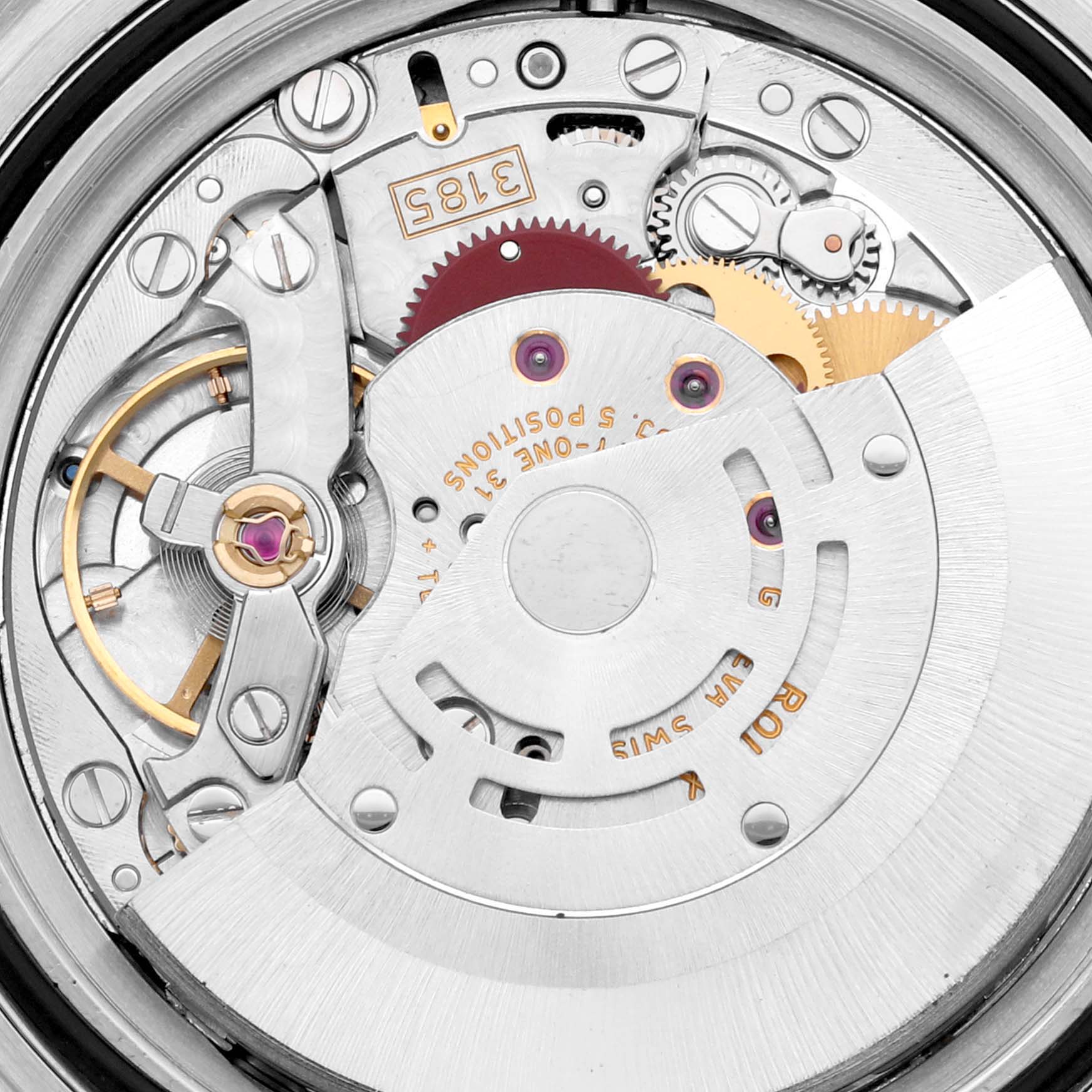 The image shows the movement mechanism of a Rolex Explorer 16570 Men
s Stainless Steel Black Dial 16570 Men
s Stainless Steel Black Dial watch from a close-up angle, highlighting gears and components.