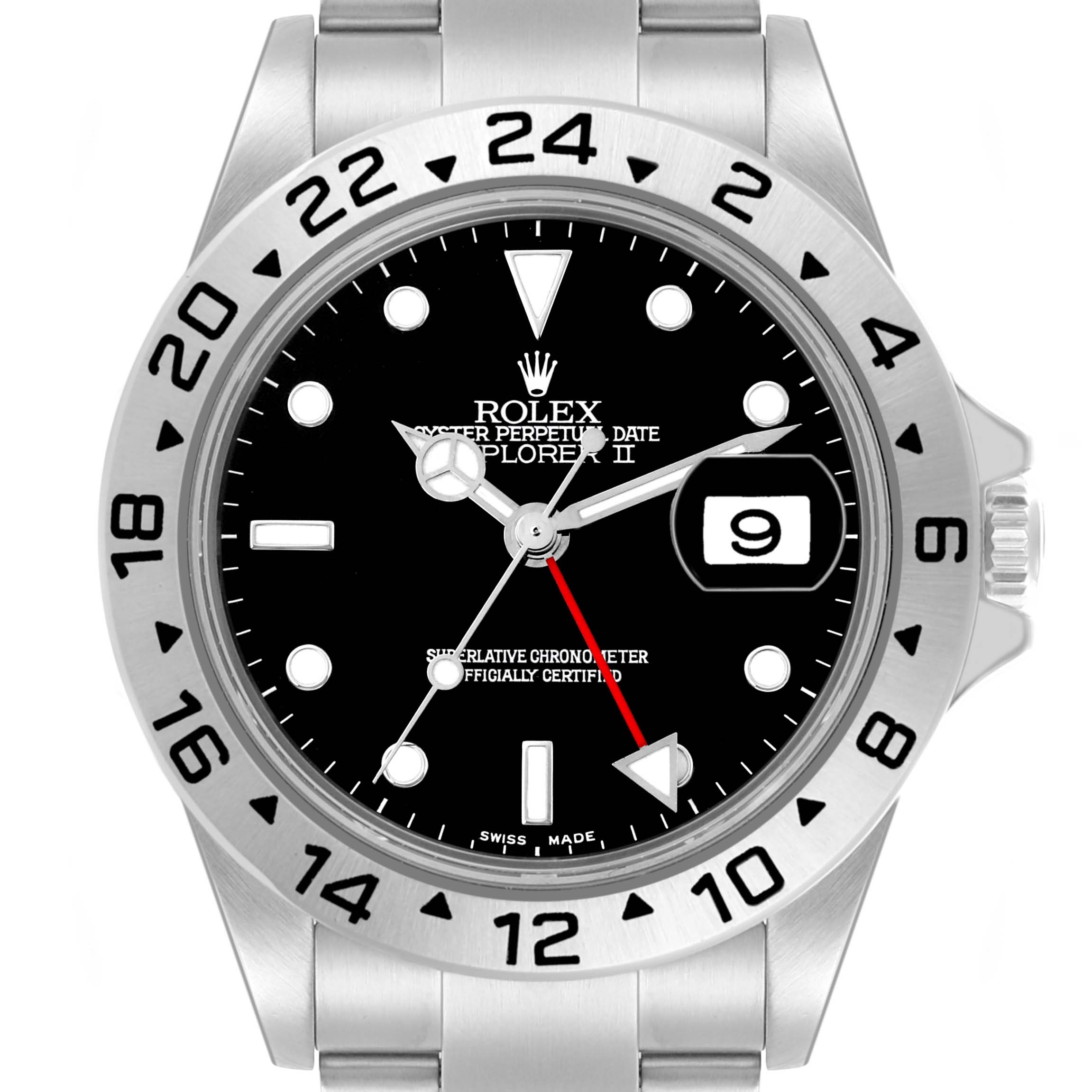 The Rolex Explorer 16570 Men
s Stainless Steel Black Dial 16570 Men
s Stainless Steel Black Dial watch is shown from a top-down angle, highlighting the dial, hour markers, hands, and bezel.