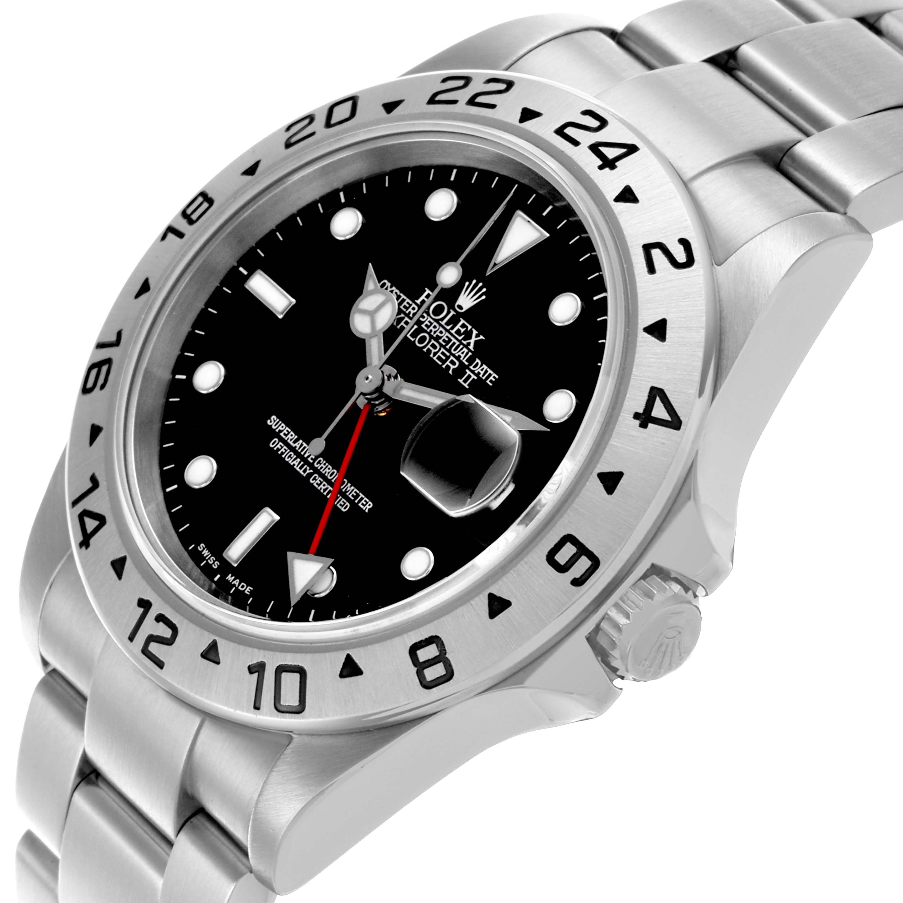 The image shows a side angle of the Rolex Explorer 16570 Men
s Stainless Steel Black Dial 16570 Men
s Stainless Steel Black Dial II, highlighting the bezel, dial, and bracelet.