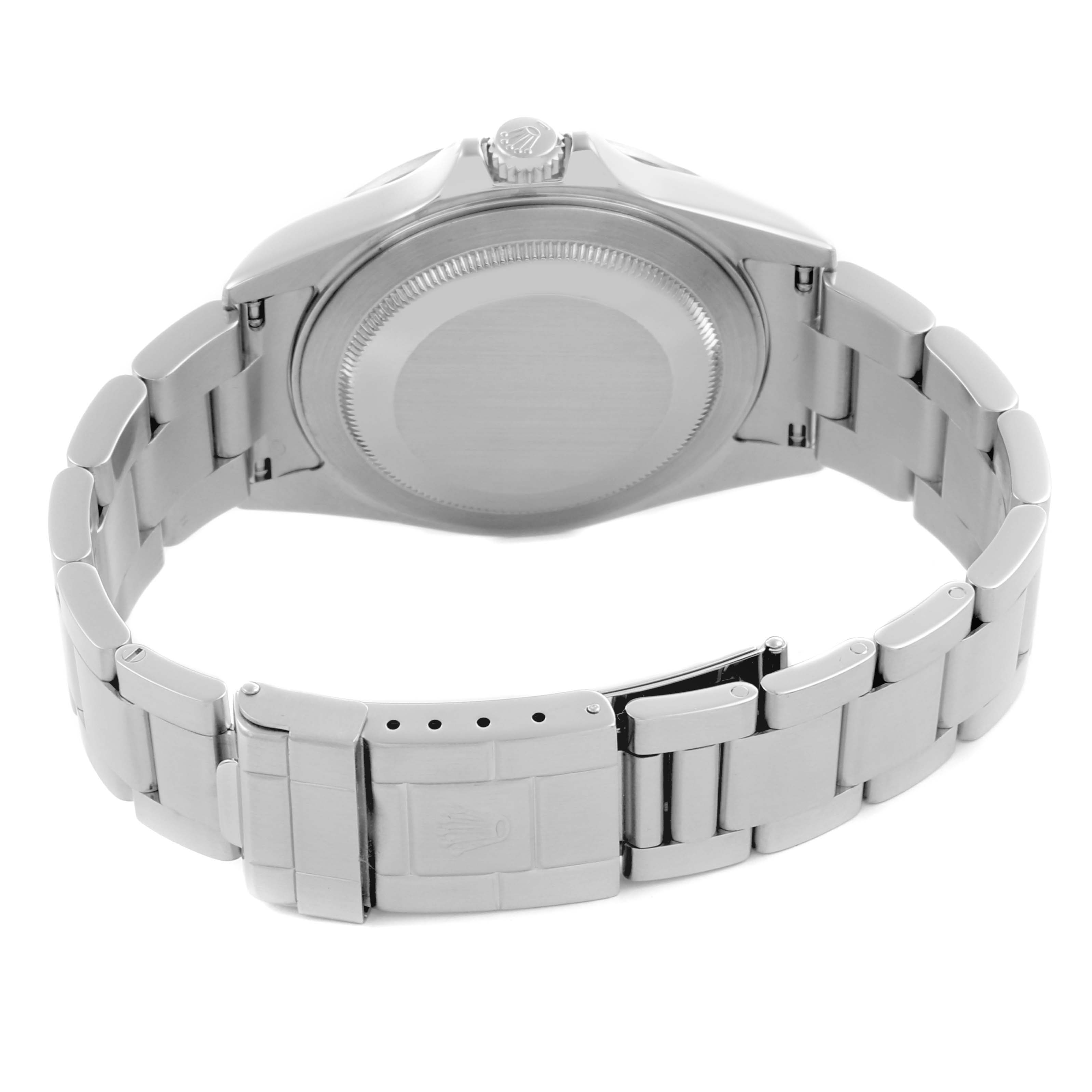 The image shows the back case and bracelet of the Rolex Explorer 16570 Men
s Stainless Steel Black Dial 16570 Men
s Stainless Steel Black Dial watch from a rear angle.