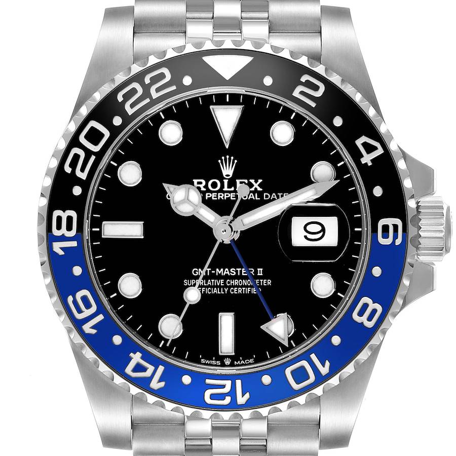 The image shows a frontal view of the Rolex GMT-Master II watch, highlighting the bezel, dial, and bracelet.